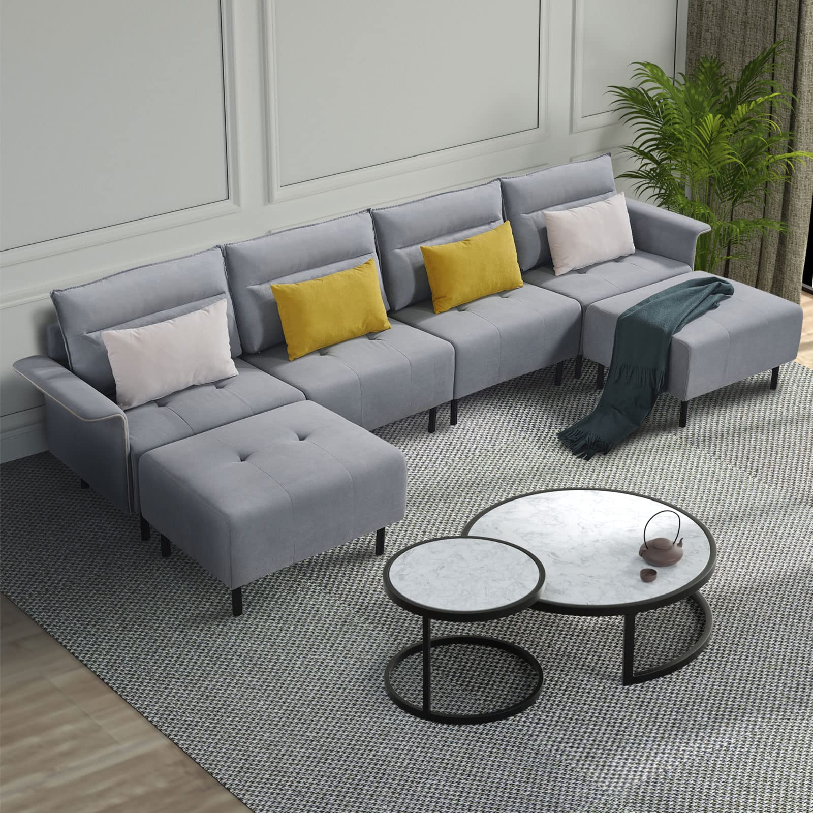 Modern Large L-Shaped Sectional Sofa with Ottoman & 2 Pillows - Extra Wide Fabric Chaise Lounge Couch Set for Living Room, Apartment (281-Gray) | Perfect for Family Gatherings, Movie Nights & Small Space Living