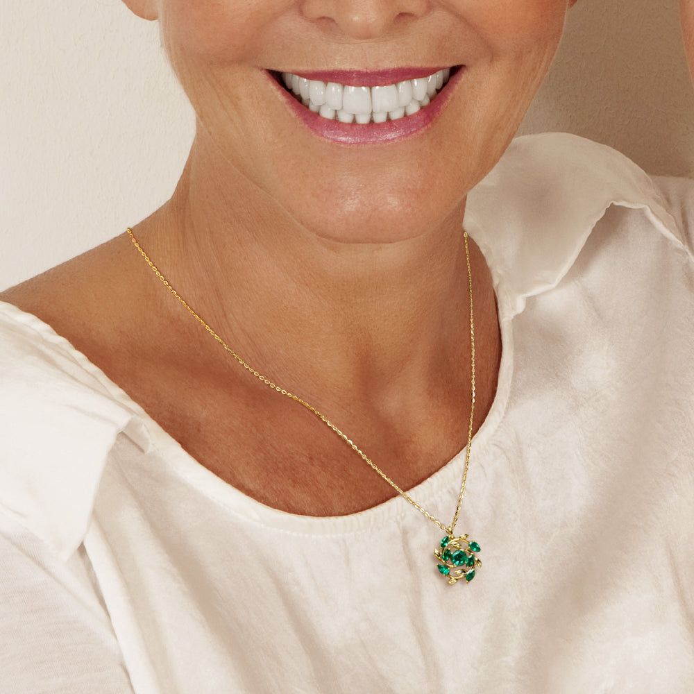 Elegant Round & Marquise Cut Emerald Olive Branch Statement Necklace Pendant - Perfect for Weddings, Parties & Special Occasions