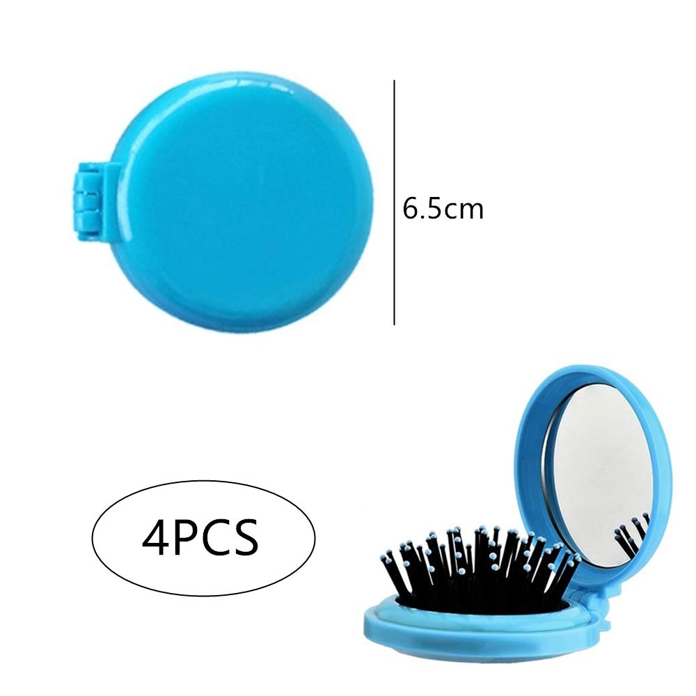 4 Pack Folding Travel Hair Brush with Mirror - Mini Round Pocket Hair Comb for Women & Girls, Compact Hair Massage Comb for On-the-Go, Gym, Purse & Travel Essentials (Black)