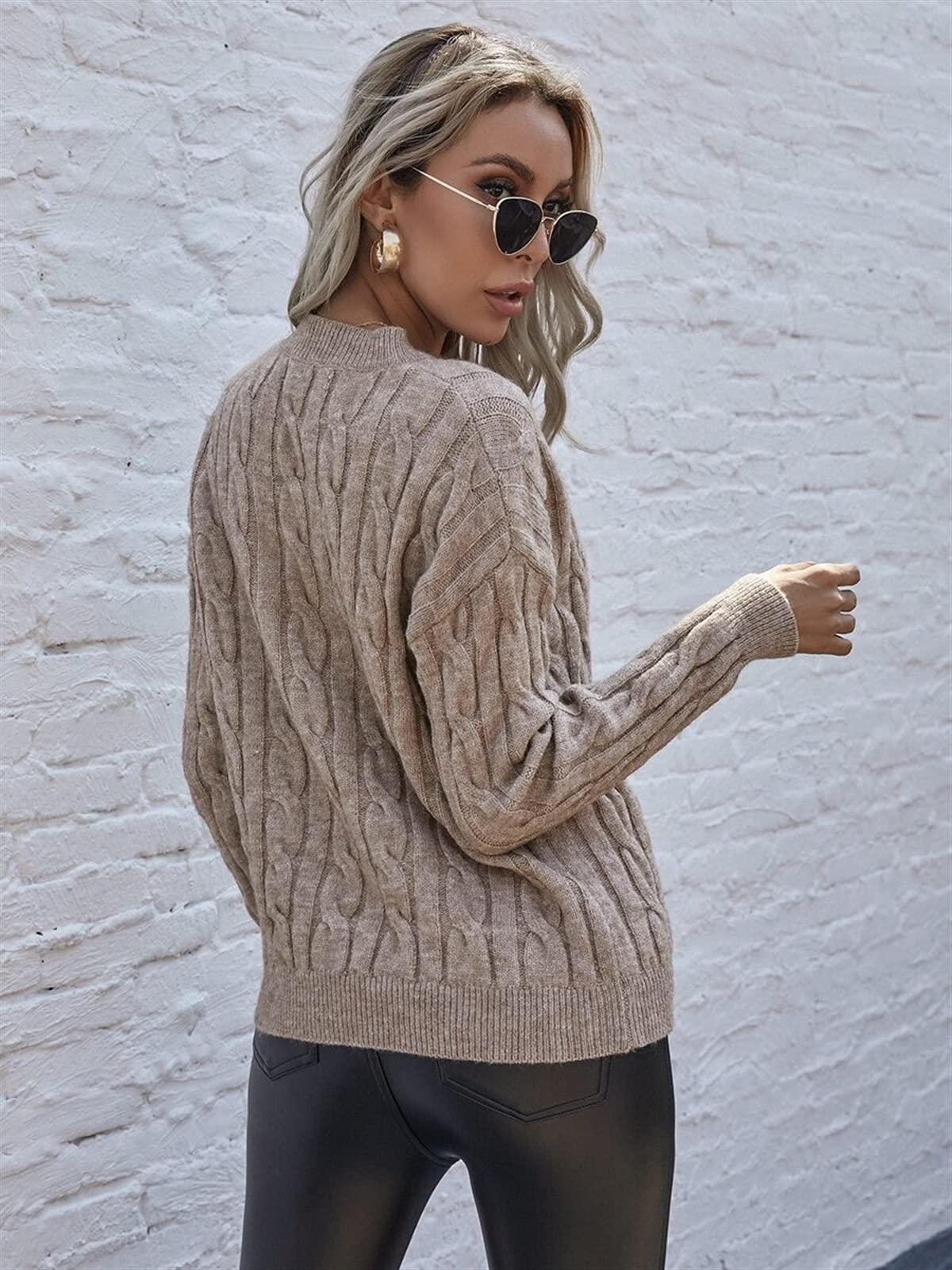 Women's Long Sleeve Cable Knit Sweater - Drop Shoulder Pullover Jumper Top (Khaki, Size L) | Cozy Fall & Winter Fashion for Casual Outings, Office Wear and Holiday Gatherings