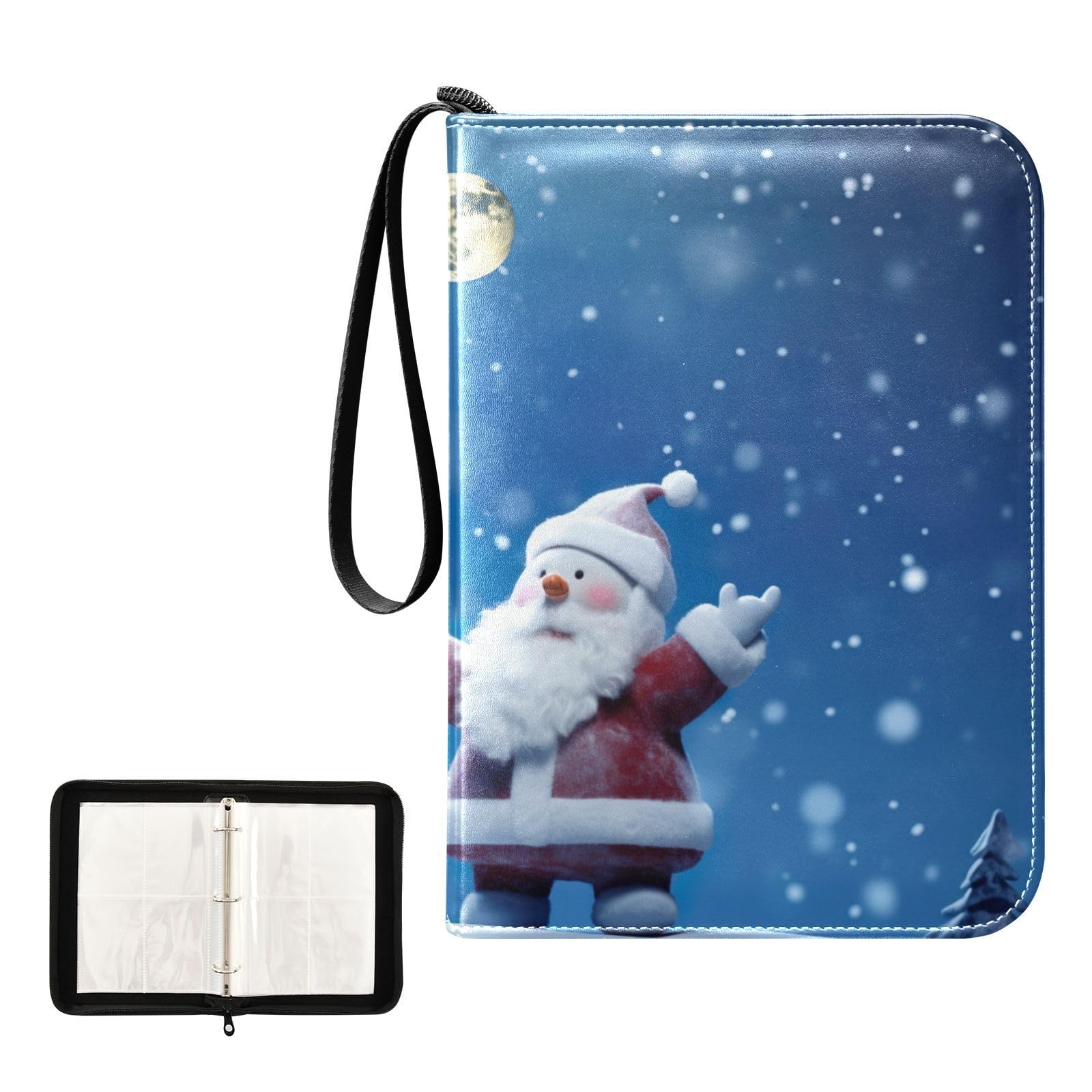 Christmas Snowmen Full Moon Winter Themed 4-Pocket Trading Card Binder with 50 Sleeves - Holds 400 Cards, 3-Ring Zip Closure - Perfect for Football, Pokemon & MTG Card Collections (Great for Holiday Gifts & Card Game Storage)