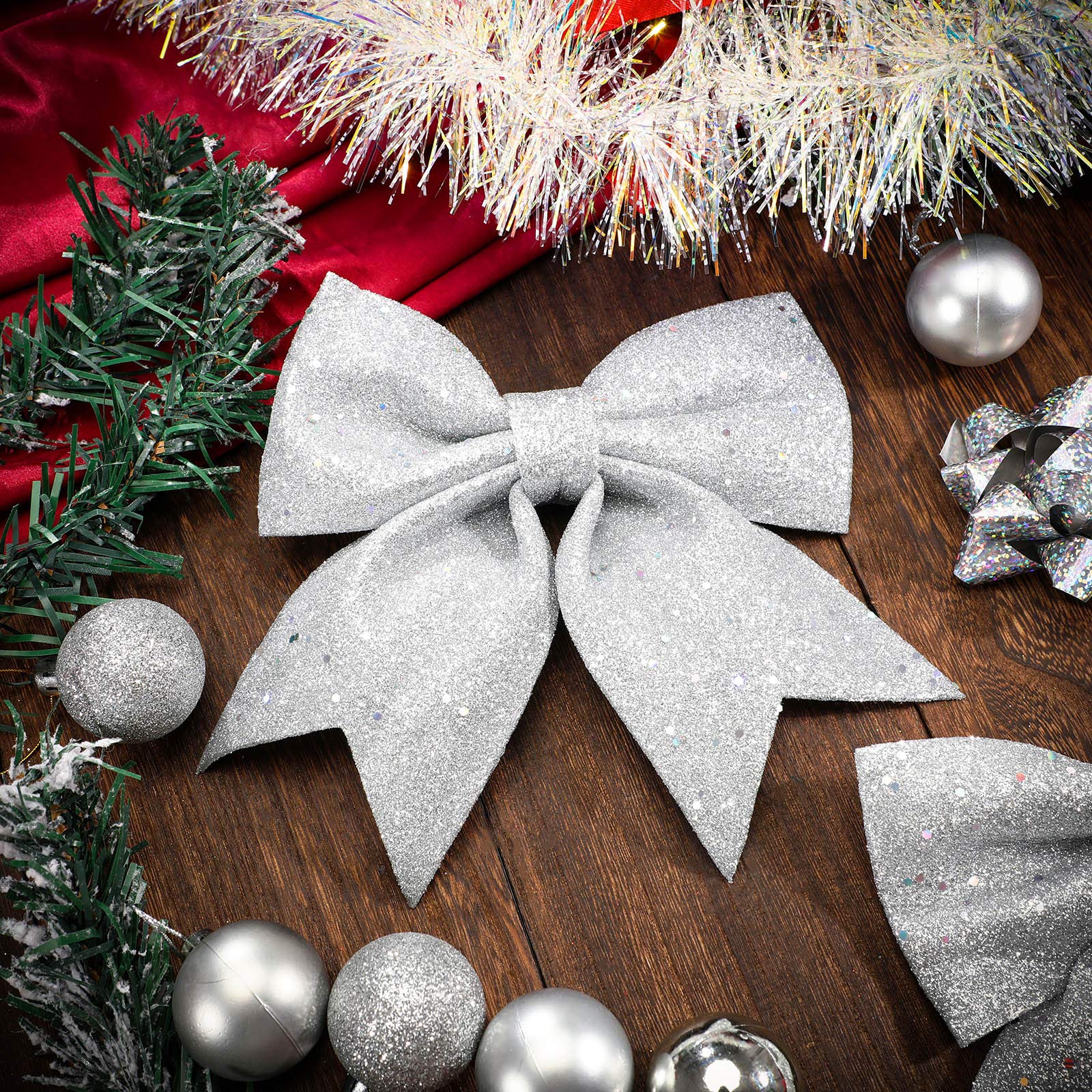 WILLBOND 6-Pack 7.2 Inch Silver Glitter Christmas Bows - Elegant Holiday Party Decorations for Tree, Wreath, Gift Wrapping & Home Decoration