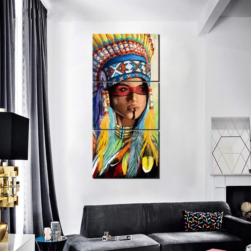 Native American Girl Canvas Wall Art - 3-Piece Framed Painting for Living Room Decor