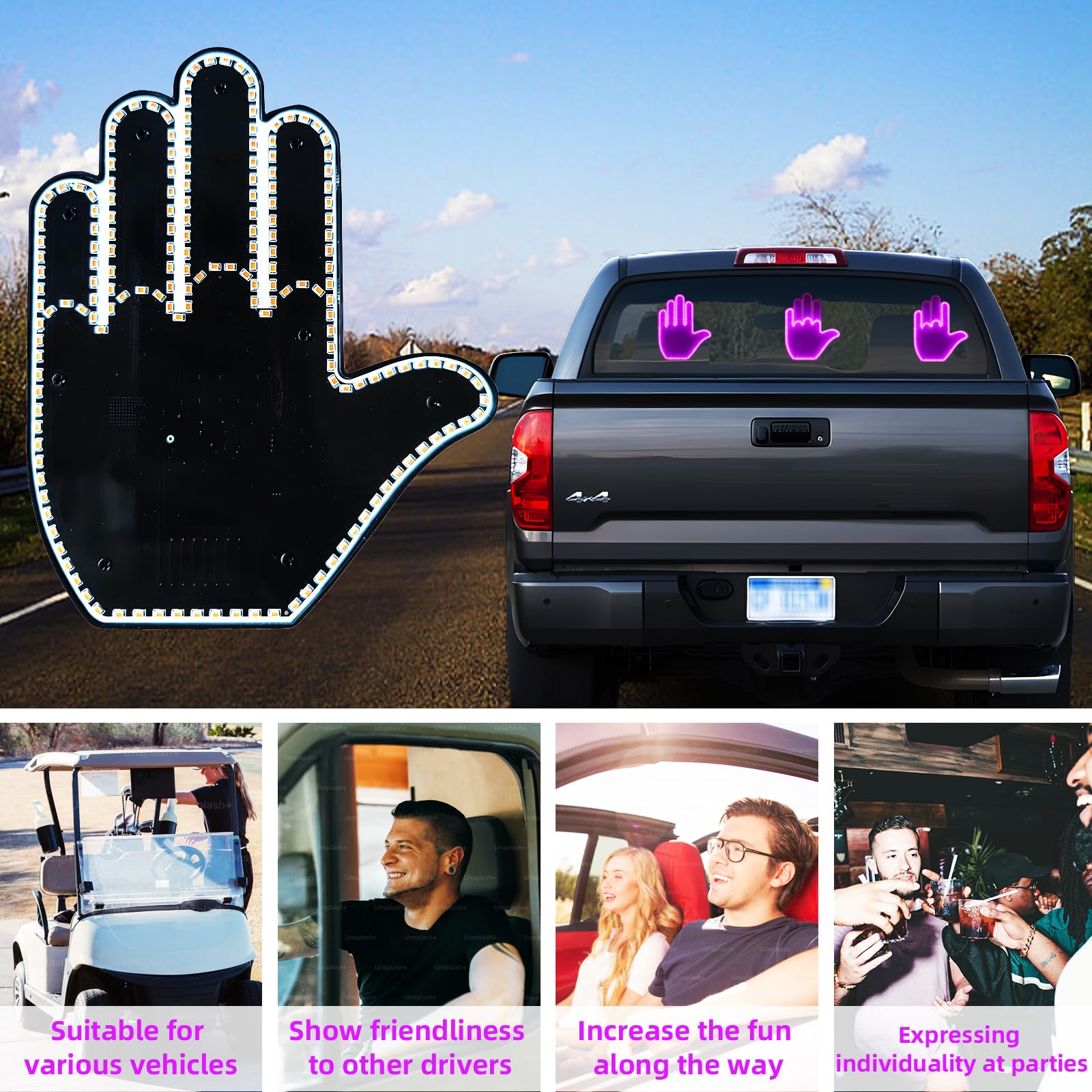 LED Hand Gesture Light for Cars - Glow in the Dark Window Sign, Cool Automotive Accessories for Men & Women (Pink/Purple) - Perfect for Night Driving, Road Trips, and Car Enthusiasts