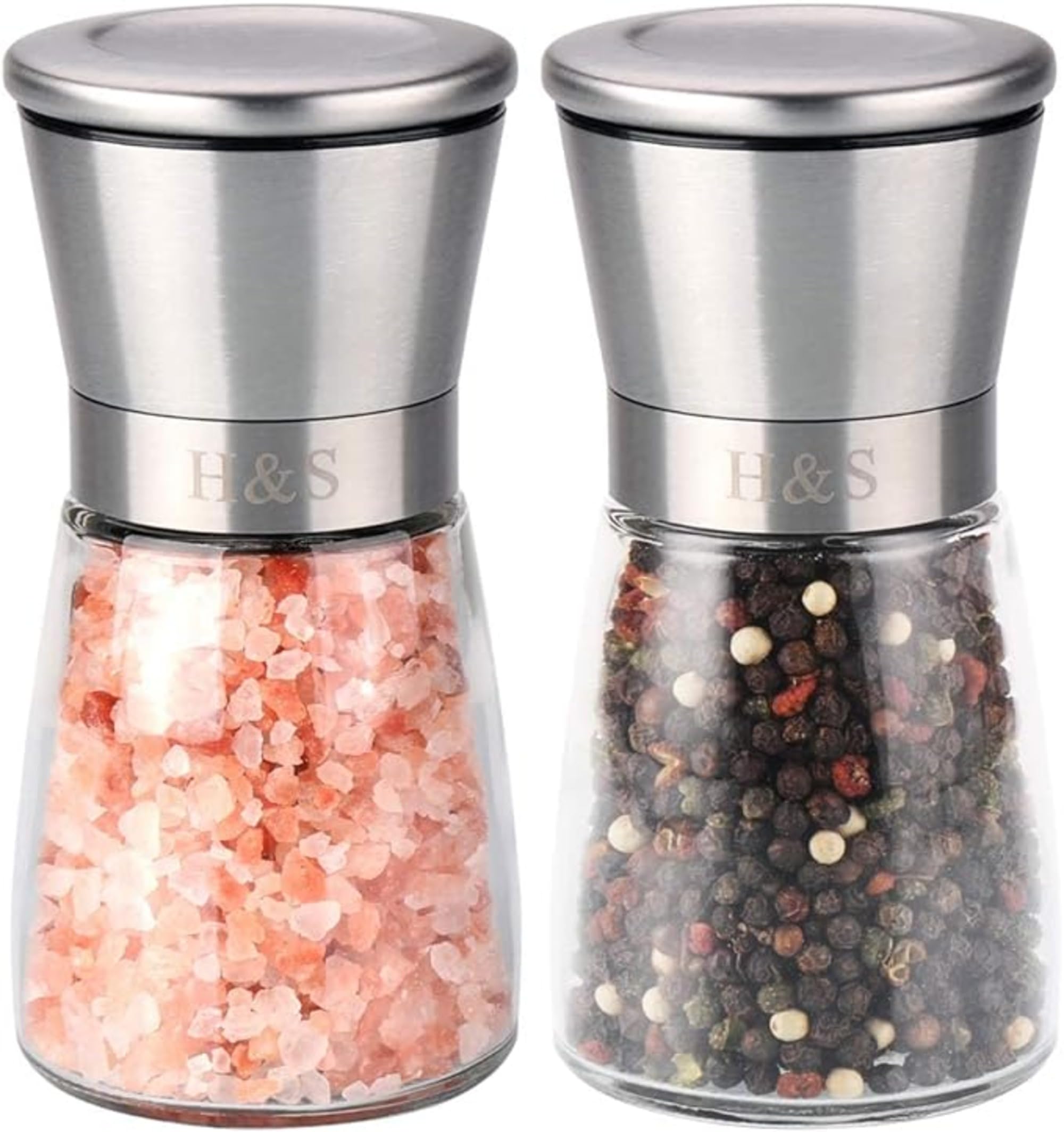 Premium H&S Salt and Pepper Grinder Set - Manual Adjustable Coarseness Mill for Kitchen - Glass & Stainless Steel Spice Shakers - Easy Fill Large Capacity - Perfect for Cooking, Dining & Gourmet Seasoning