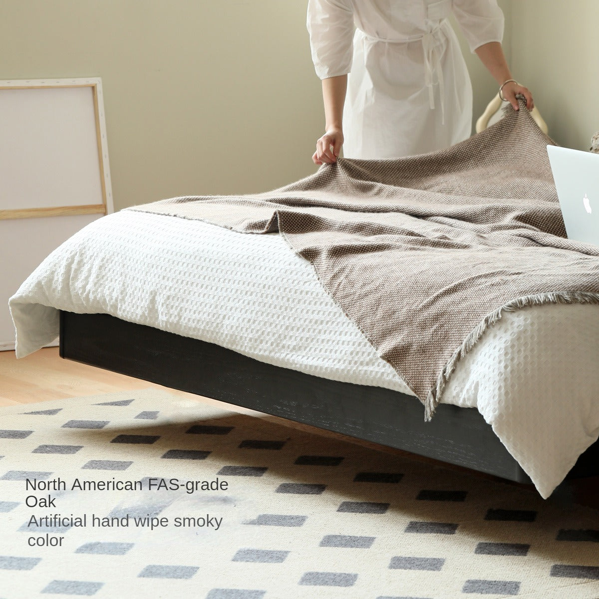 Solid Oak Wood Floating Platform Bed - No Headboard, Black Finish with LED Lights - Perfect for Modern Bedroom & Minimalist Home Decor