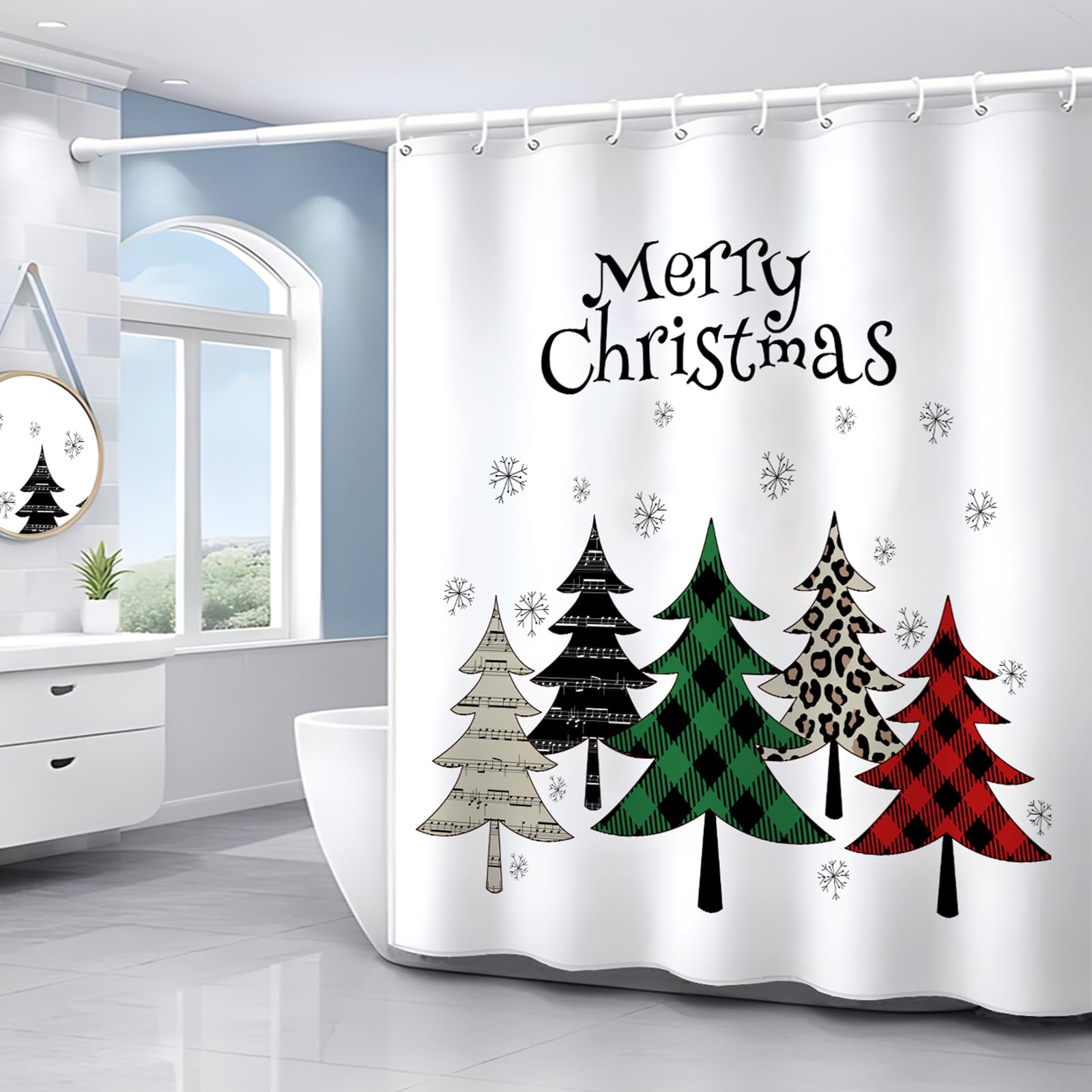 Christmas Tree Shower Curtain - Buffalo Plaid Xmas Holiday Bathroom Decor with Snowflake Design, Waterproof Polyester Fabric, 72x72 Inches, Includes 12 Plastic Hooks - Perfect for Farmhouse, Winter & Christmas Bathroom Decorations
