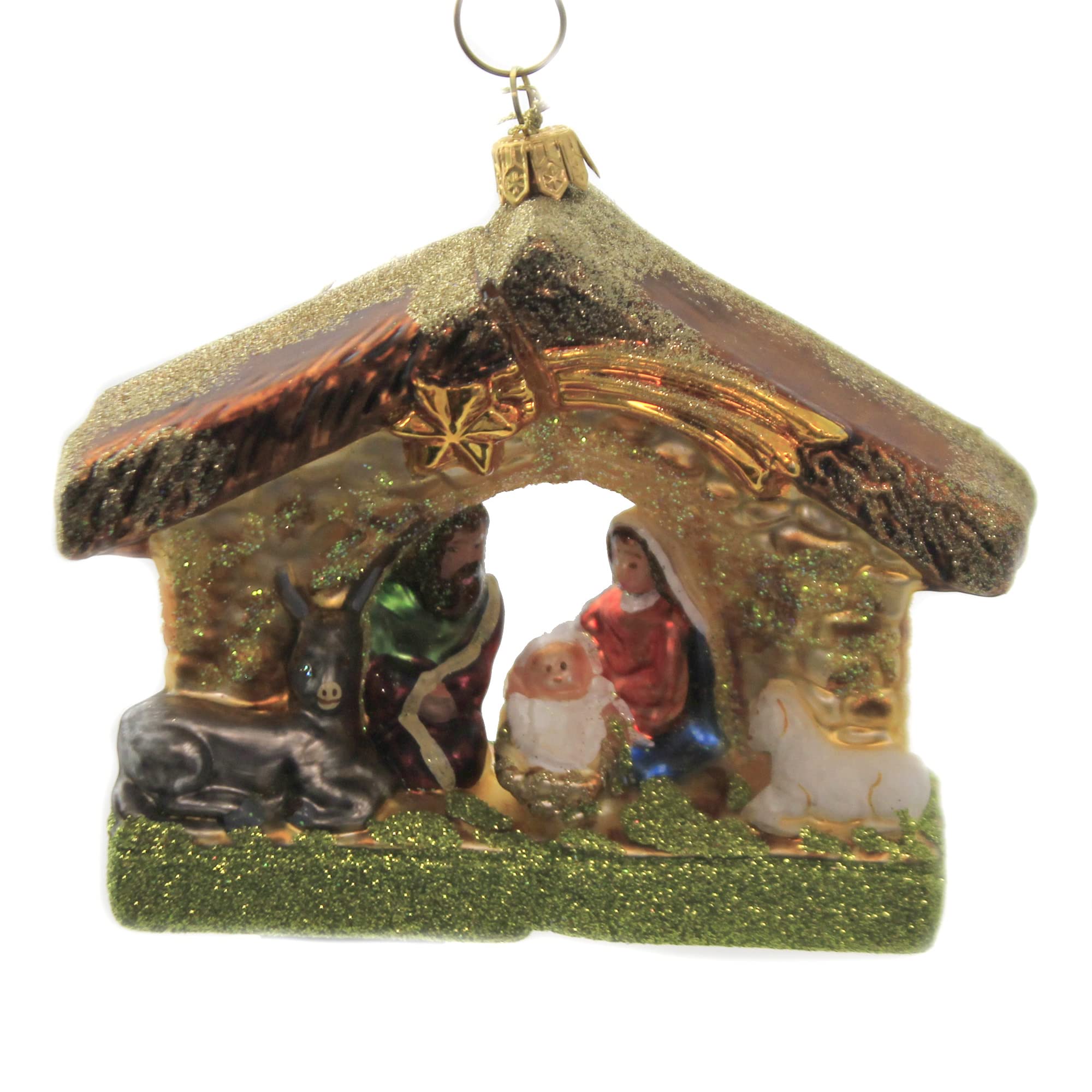 4.0 Inch Glass Nativity Scene Christmas Ornament - Stable with Mary, Joseph & Baby Jesus - Decorative Holiday Hanging Decor (1676P) for Tree, Home, Church & Gift Giving