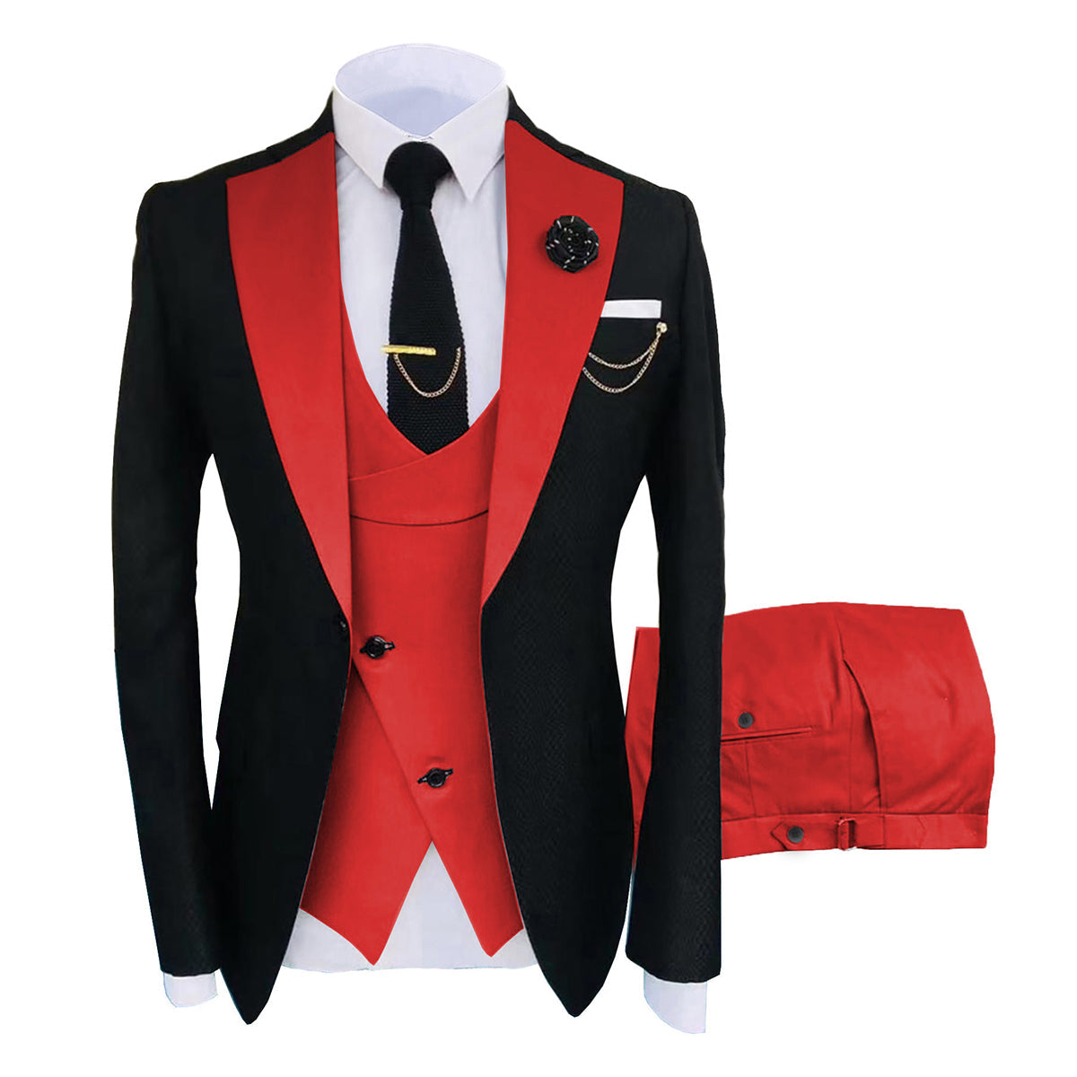 Stylish Men's 3-Piece Slim Fit One Button Color Block Suit - Red | Perfect for Weddings, Business Meetings & Formal Events