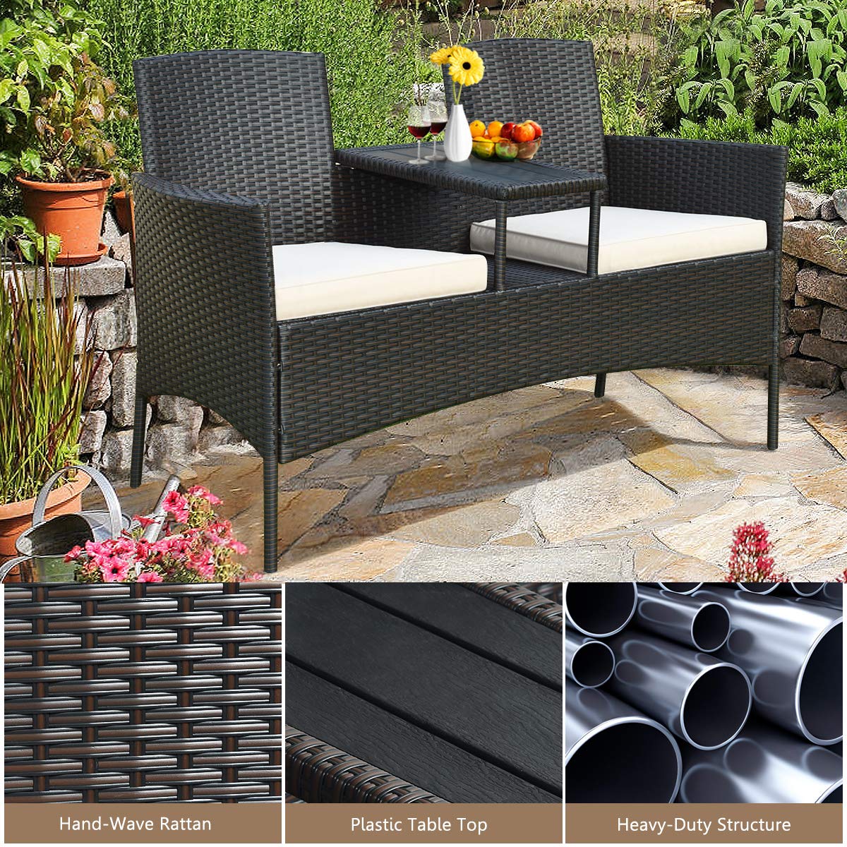 **HAPPYGRILL Outdoor Loveseat with Removable Cushions & Coffee Table - Rattan Patio Wicker Conversation Set for Garden, Lawn, Backyard - Perfect for Relaxing, Entertaining, and Outdoor Gatherings**