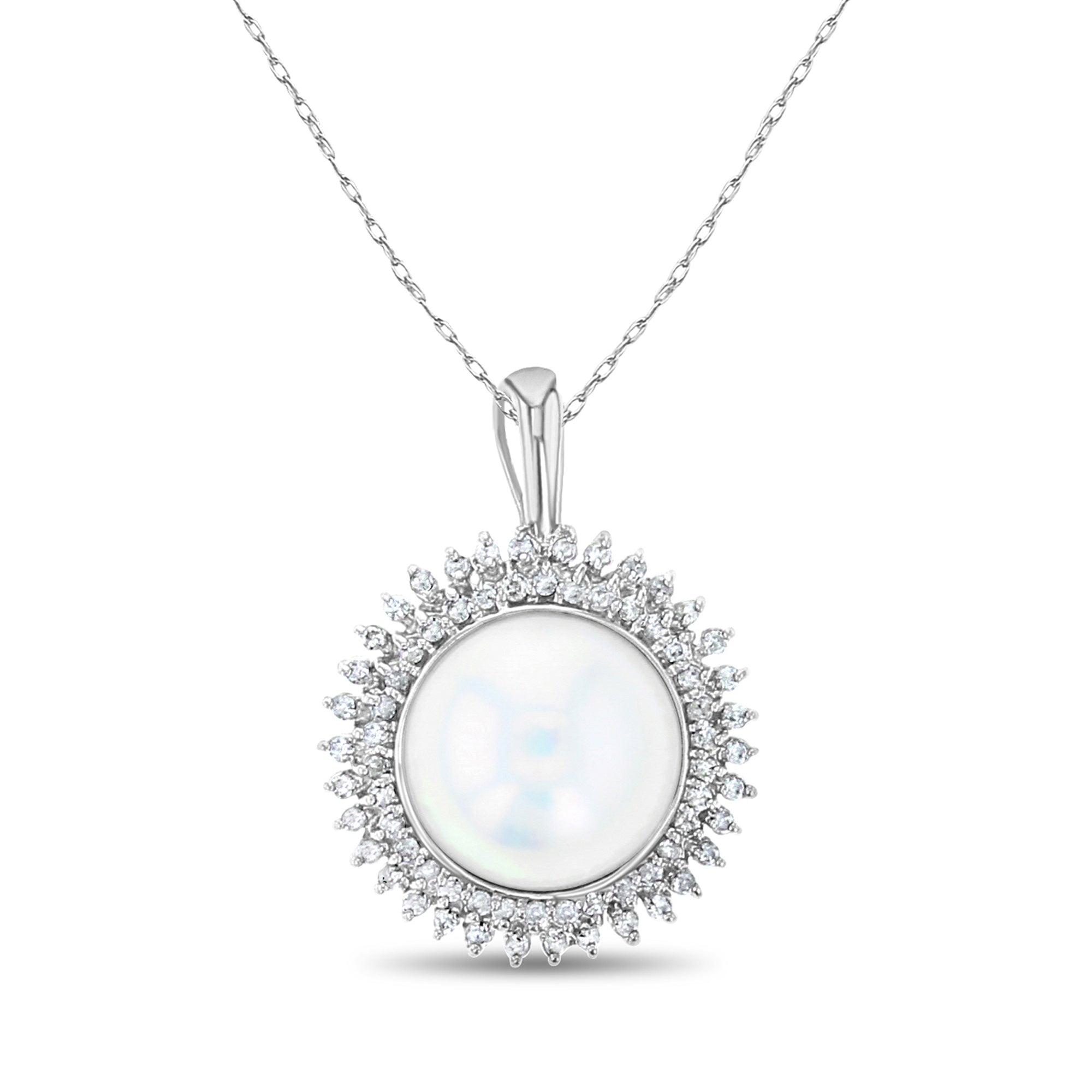 14K White Gold Mother of Pearl Diamond Halo Pendant Necklace .57cttw - Elegant Jewelry Gift for Women, Perfect for Weddings, Anniversaries & Special Occasions