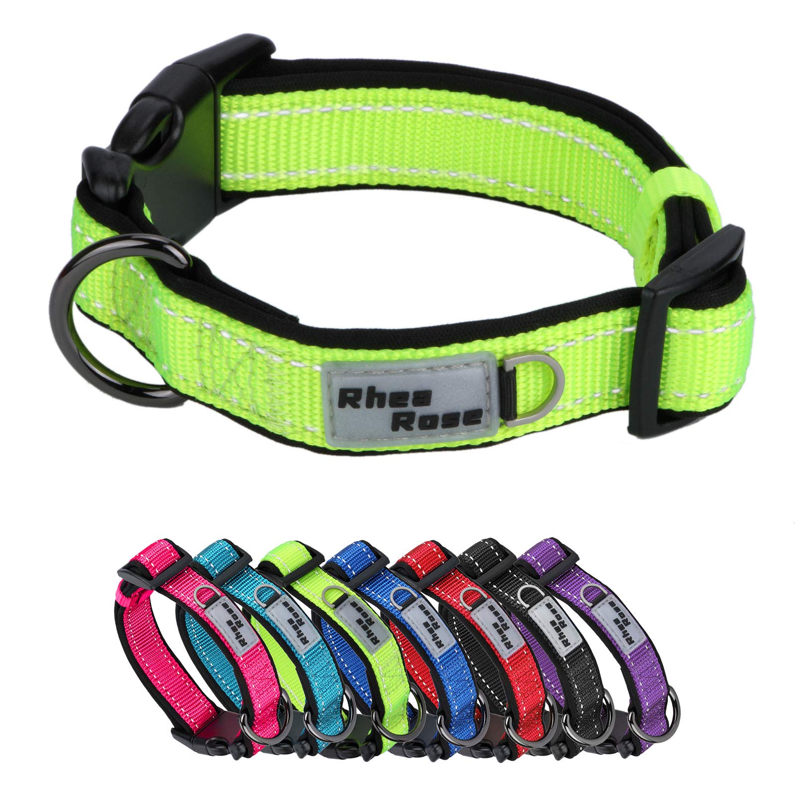 Rhea Rose Reflective Dog Collar - Soft Comfortable Neoprene Padded Nylon Collar for Small, Medium & Large Dogs | High Visibility Yellow-Green | Perfect for Night Walks & Outdoor Adventures