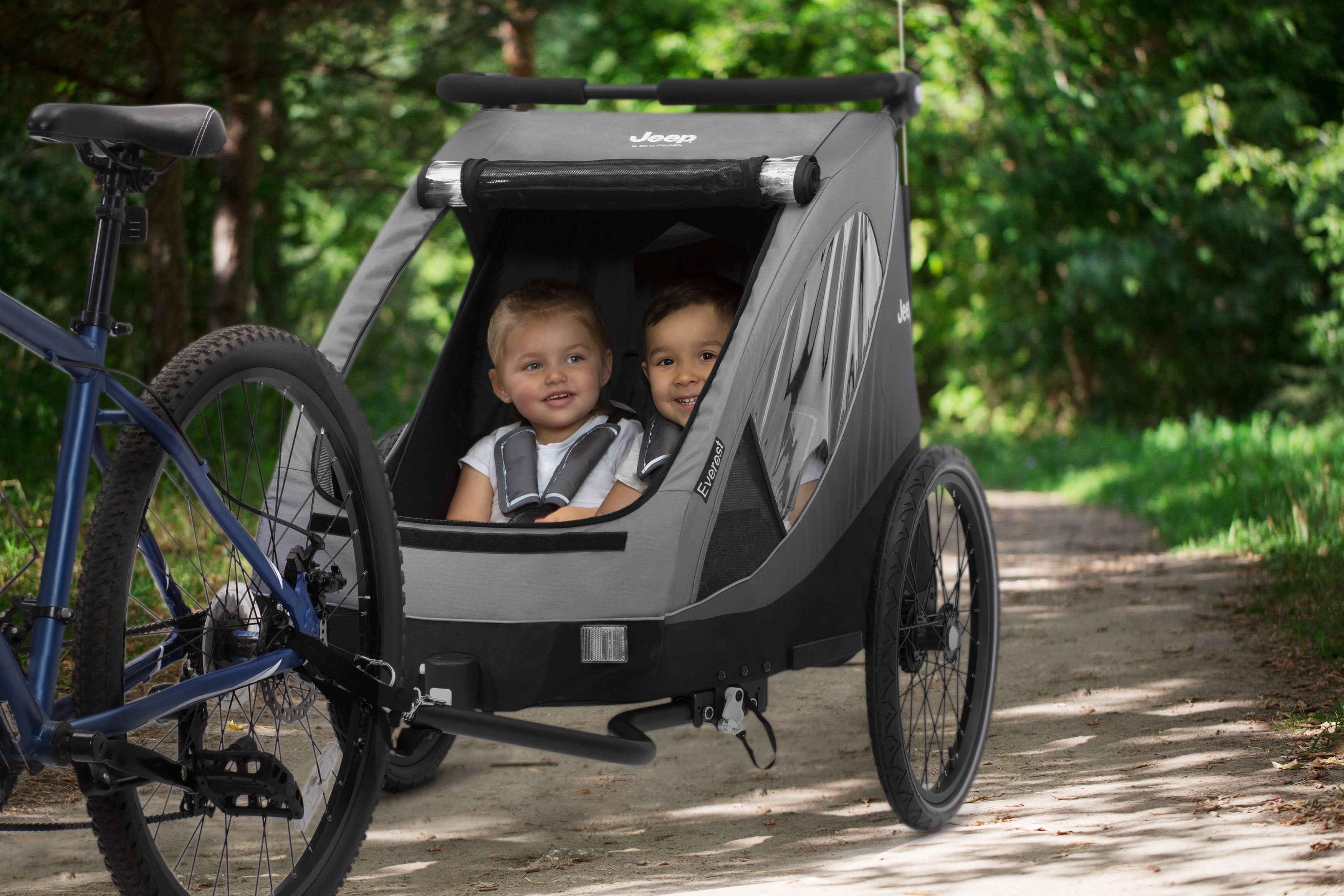 Jeep Everest 2 in 1 Convertible Bike Trailer & Stroller for Toddlers - Double Seater for 2 Kids - Perfect for Cycling, Jogging and Outdoor Family Adventures