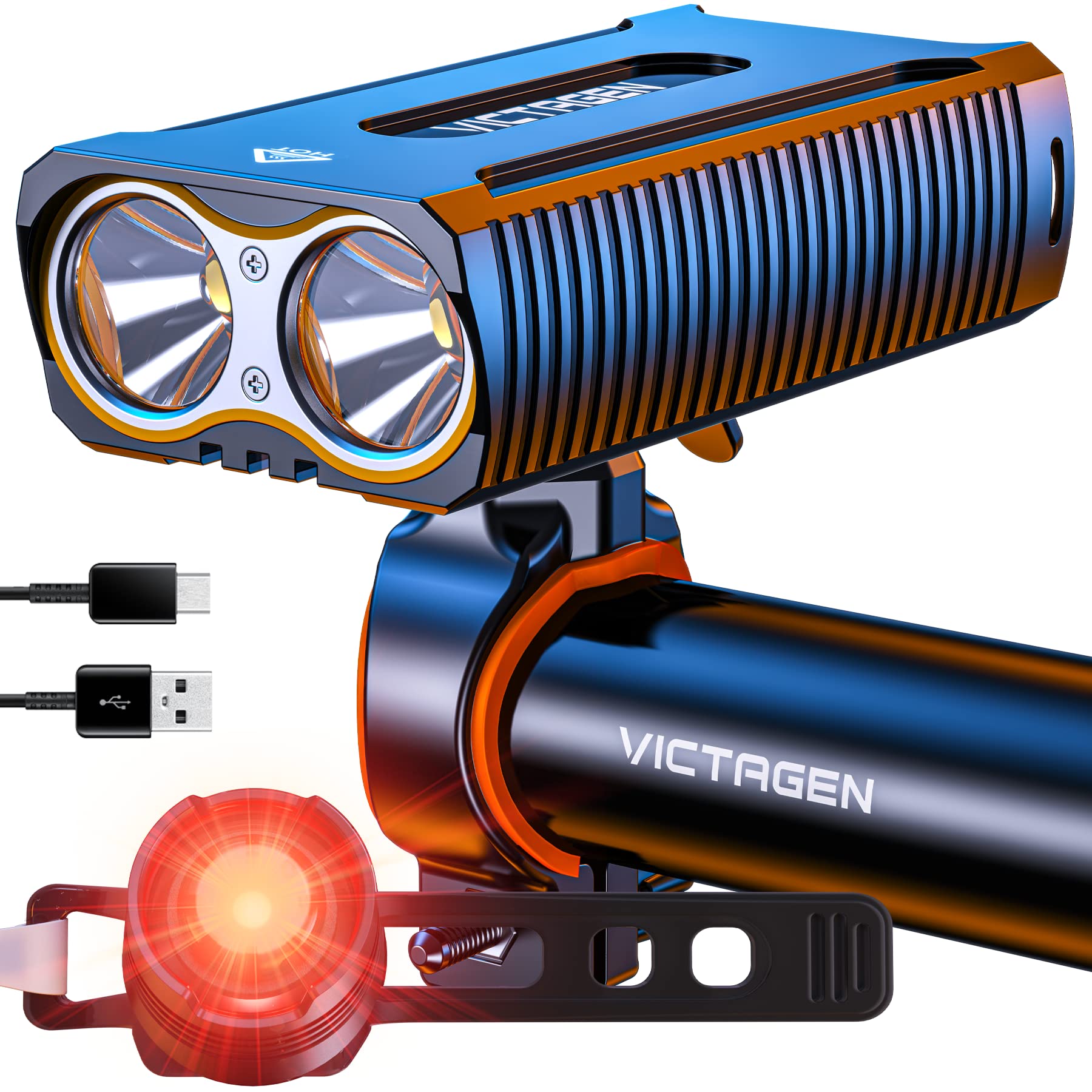 Victagen 5000 Lumens Super Bright Bike Light Set - 6 LED Rechargeable Waterproof Bicycle Headlight & Taillight with High/Low Beam for Night Cycling, Commuting & Mountain Biking - Perfect for Road Safety & Urban Riding