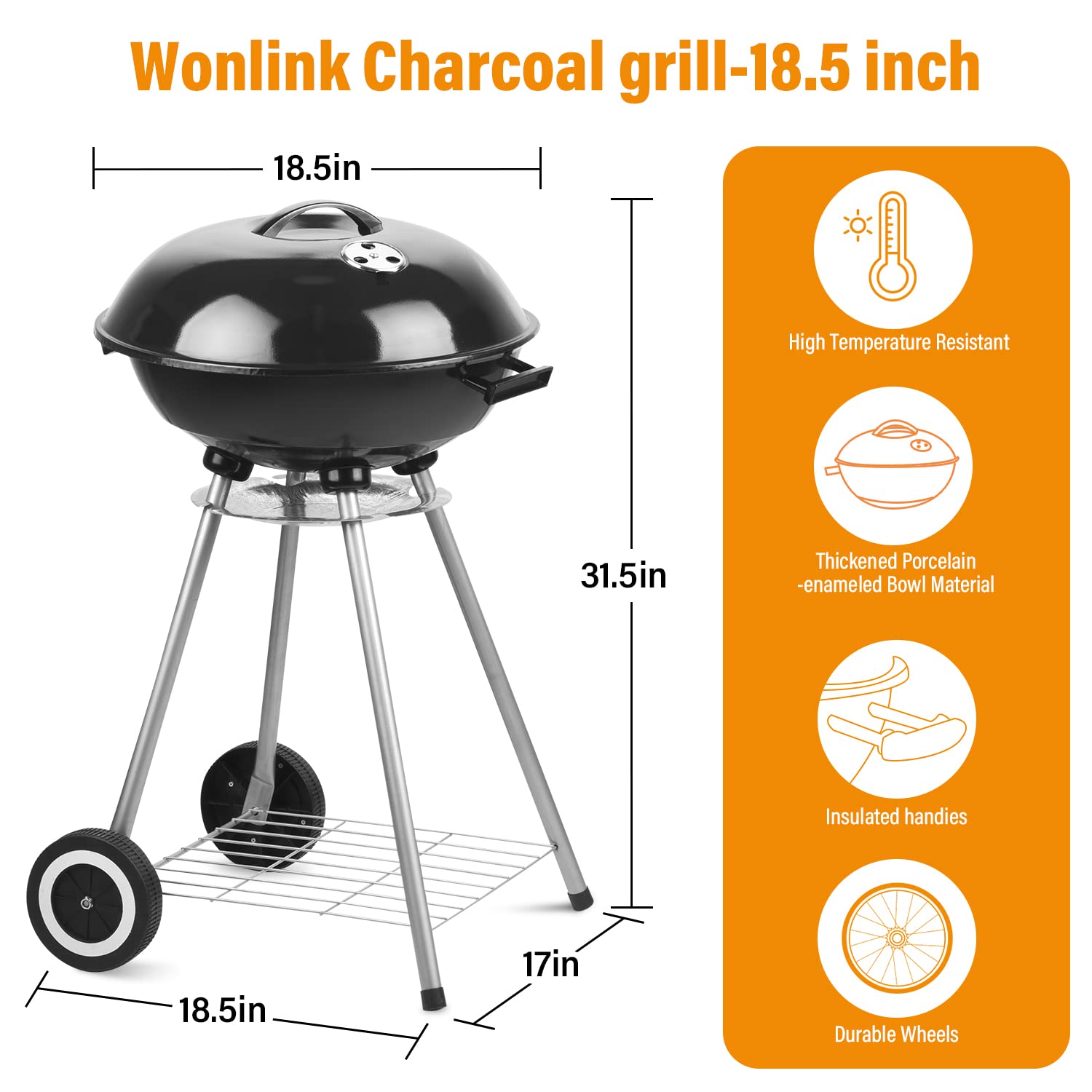 Portable 17 Inch Charcoal Grill with Wheels for Outdoor Cooking, Camping, Picnic & Backyard BBQ | Compact & Lightweight for Easy Transport | Perfect for Tailgating, Beach Parties & Family Gatherings