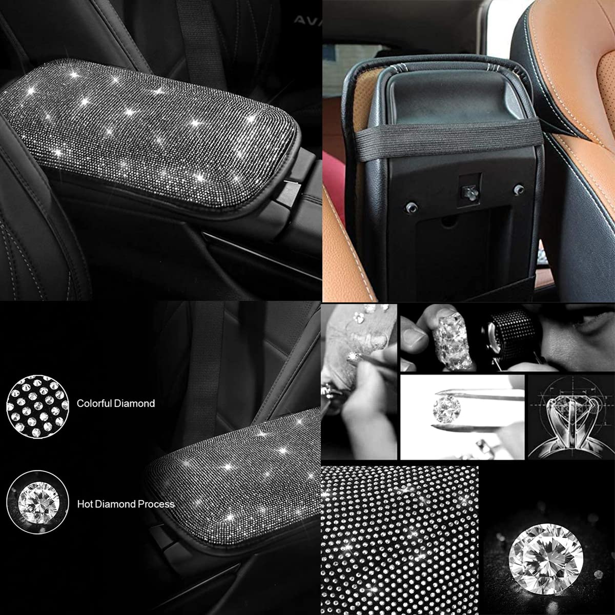 3 Pack Rhinestone Car Interior Accessories for Women - 2 Seat Covers & Armrest Cover - Universal Fit for Sedans, SUVs, Trucks - White - Perfect for Daily Commute & Road Trips