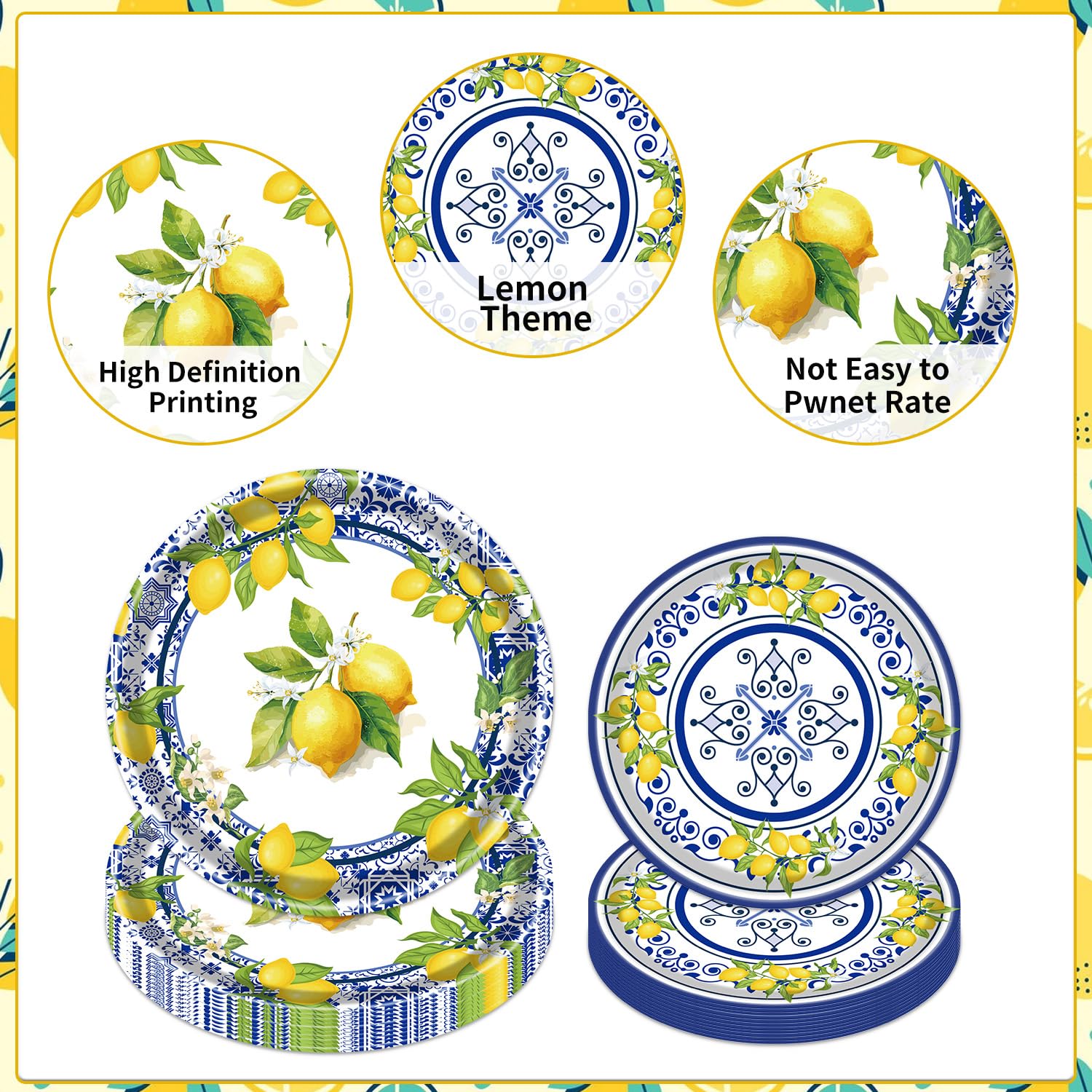 Rakuto 96PCS Lemon Party Supplies Set - Disposable Yellow Lemon Paper Plates, Napkins, Forks & Tableware for Summer Fruit Themed Decorations | Perfect for Birthday, Baby Shower, Bridal Shower & Outdoor Picnic Parties (Serves 24 Guests)
