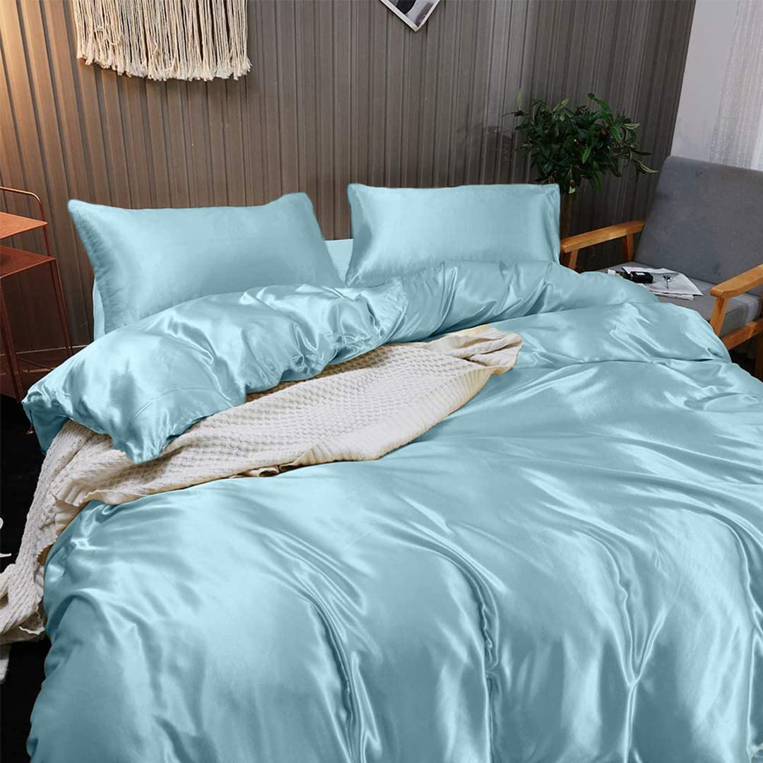Luxury 7-Piece Twin XL Silk Satin Sheet Set - Hotel Quality Bedding with Deep Pockets - Breathable Cooling Wrinkle-Free Comfy Sky Blue Sheets for Bedroom, Guest Room & Dormitory