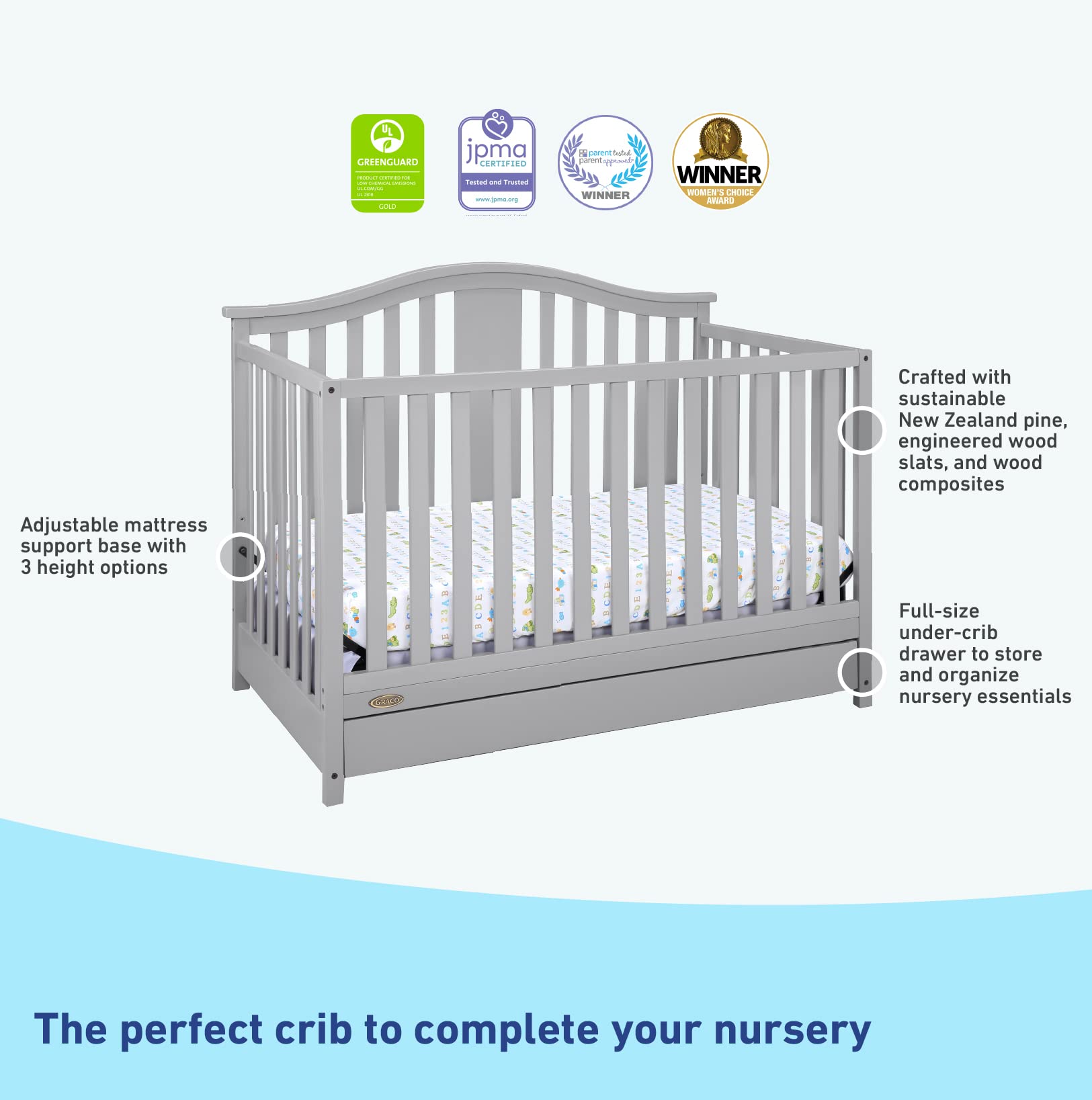 Graco Solano 4-in-1 Convertible Crib with Storage Drawer in Pebble Gray – GREENGUARD Gold Certified, Converts to Toddler & Full-Size Bed | Safe Nursery Furniture for Baby & Kids Room | Space-Saving Design with Built-in Storage