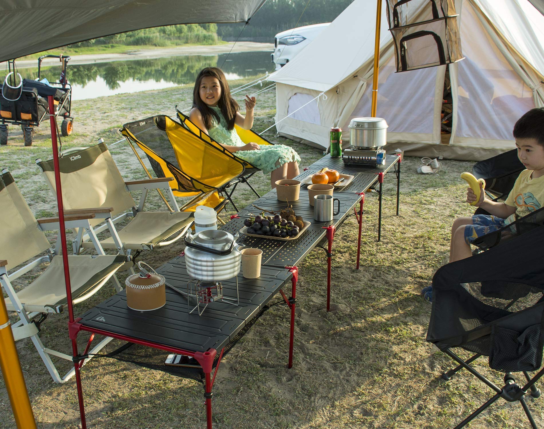 iClimb 2 Extendable Folding Tables with 1 Pack Connecting Plates & 2 Lantern Hangers - Ultralight Compact Portable for Camping, Backpacking, Beach, Concert, BBQ Party | Perfect for Outdoor Picnics, Tailgating & Home Use