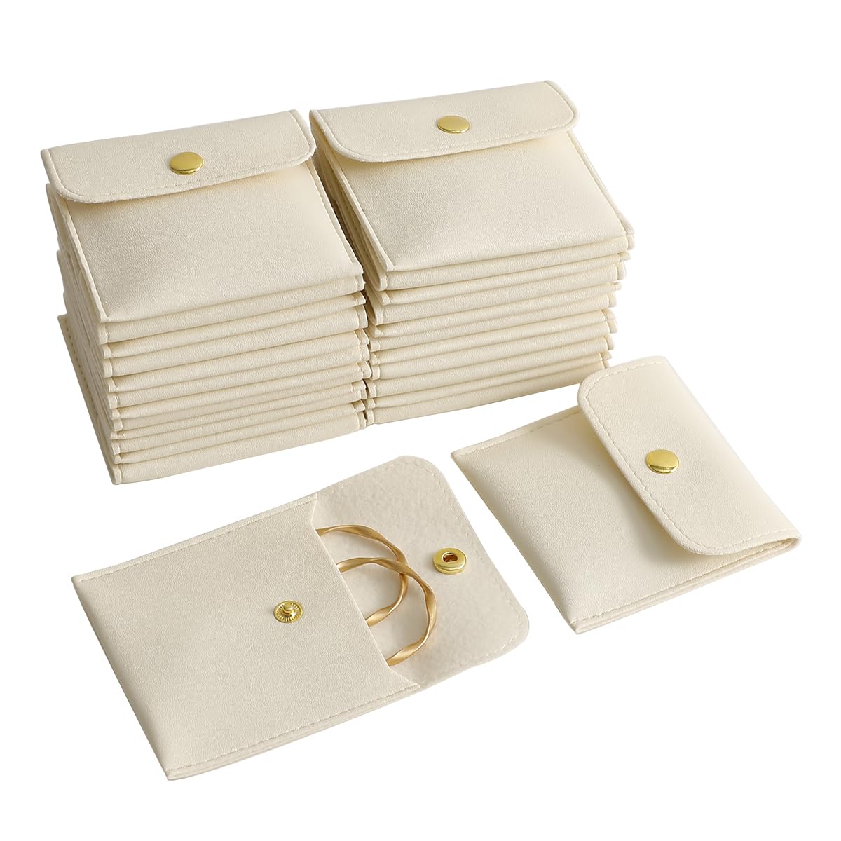 40pcs 8x8cm White PU Leather Jewelry Gift Bags with Snap Button - Luxury Small Favor Pouches for Earrings, Necklaces, Bracelets & Rings - Perfect for Wedding Favors, Party Gifts & Retail Packaging