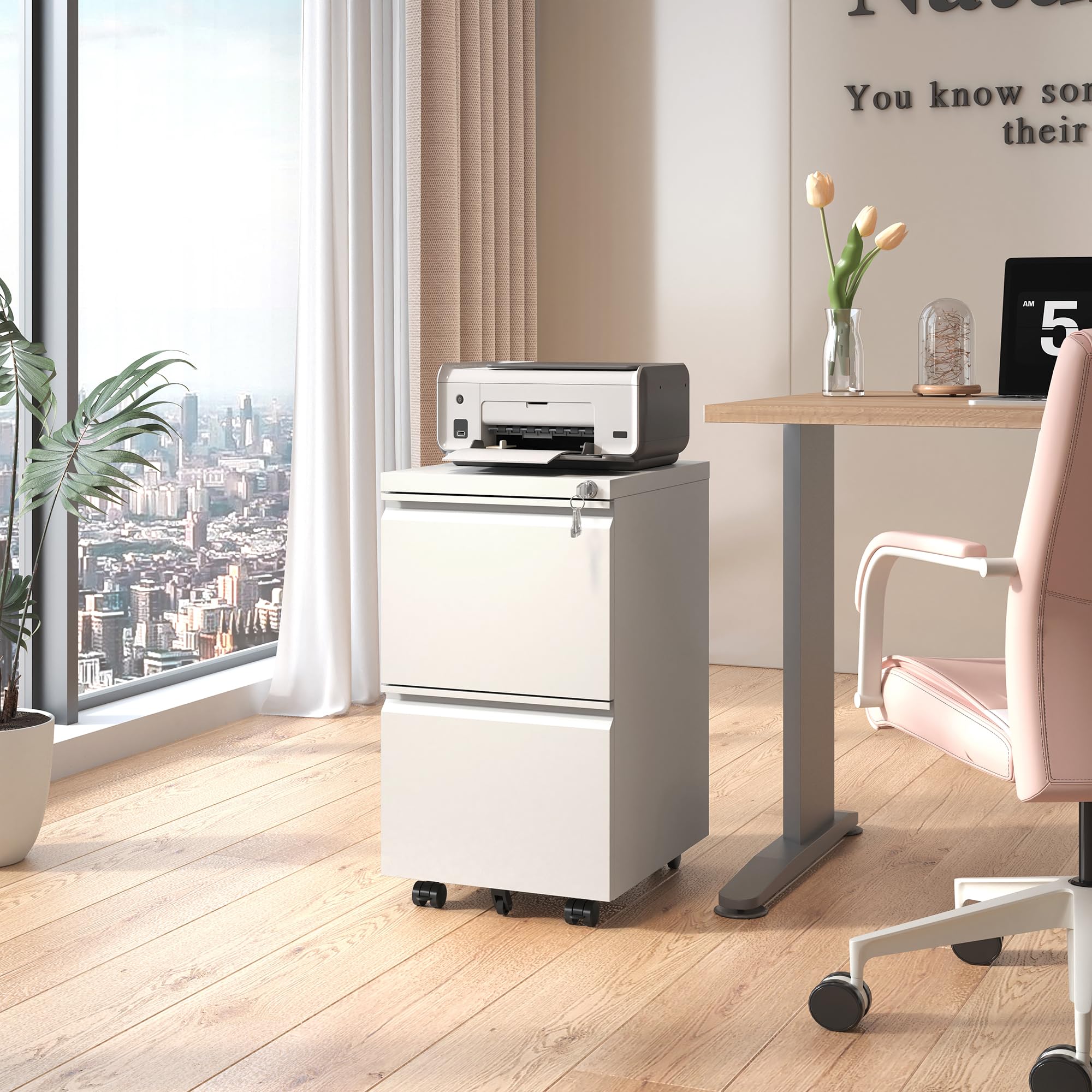 2-Drawer Mobile File Cabinet with Lock - Rolling Metal Office Storage Organizer for Home & Office - Fits Legal/Letter/A4 Documents - Fully Assembled - White - Perfect for Under Desk Storage & Document Organization
