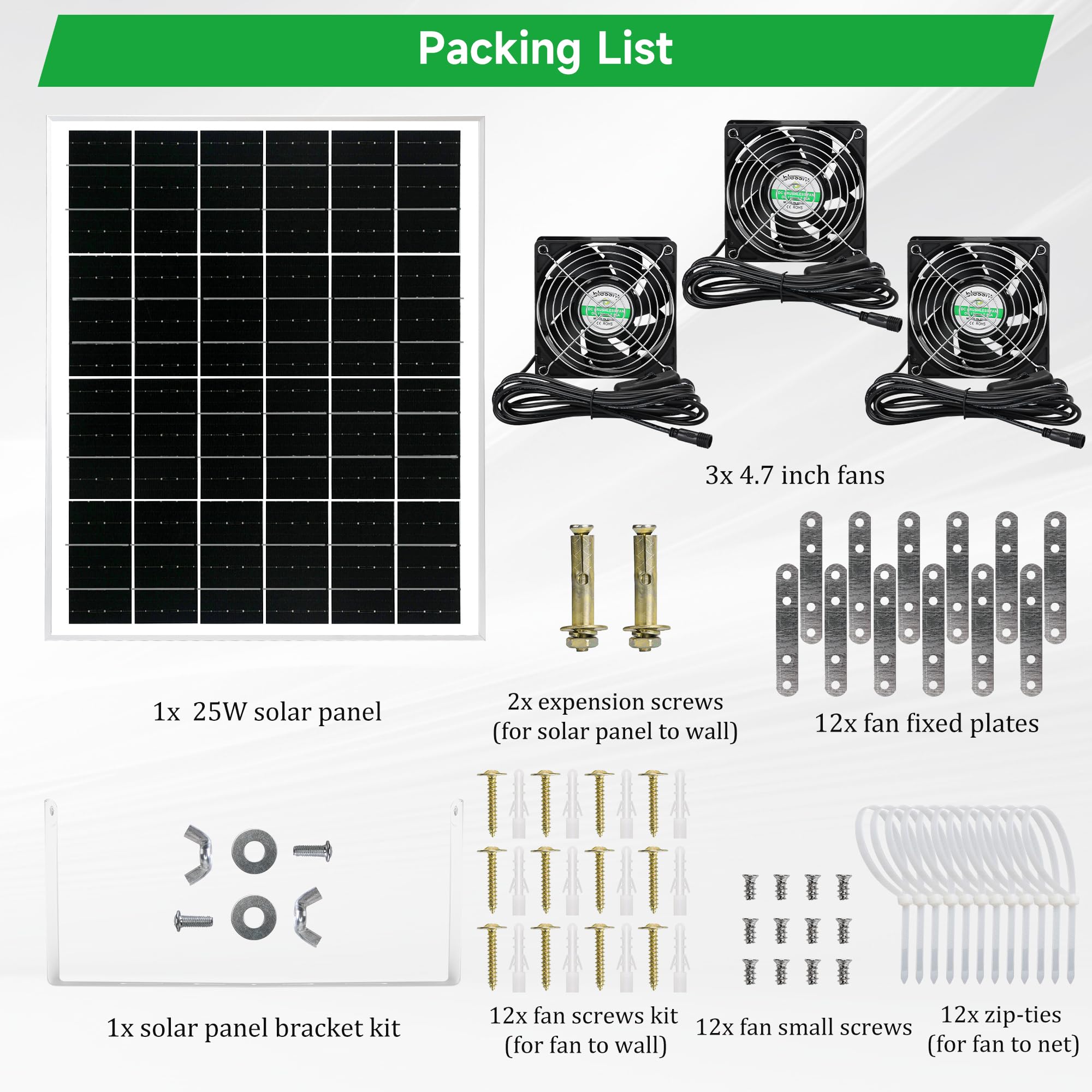 Solar Powered 3 Fan Kit - 25W Solar Panel with 15 ft Cord for Chicken Coop, Greenhouse & Outdoor Ventilation - IP67 Waterproof, 3500RPM - Perfect for Air Circulation in Poultry Houses, Grow Tents & Sheds
