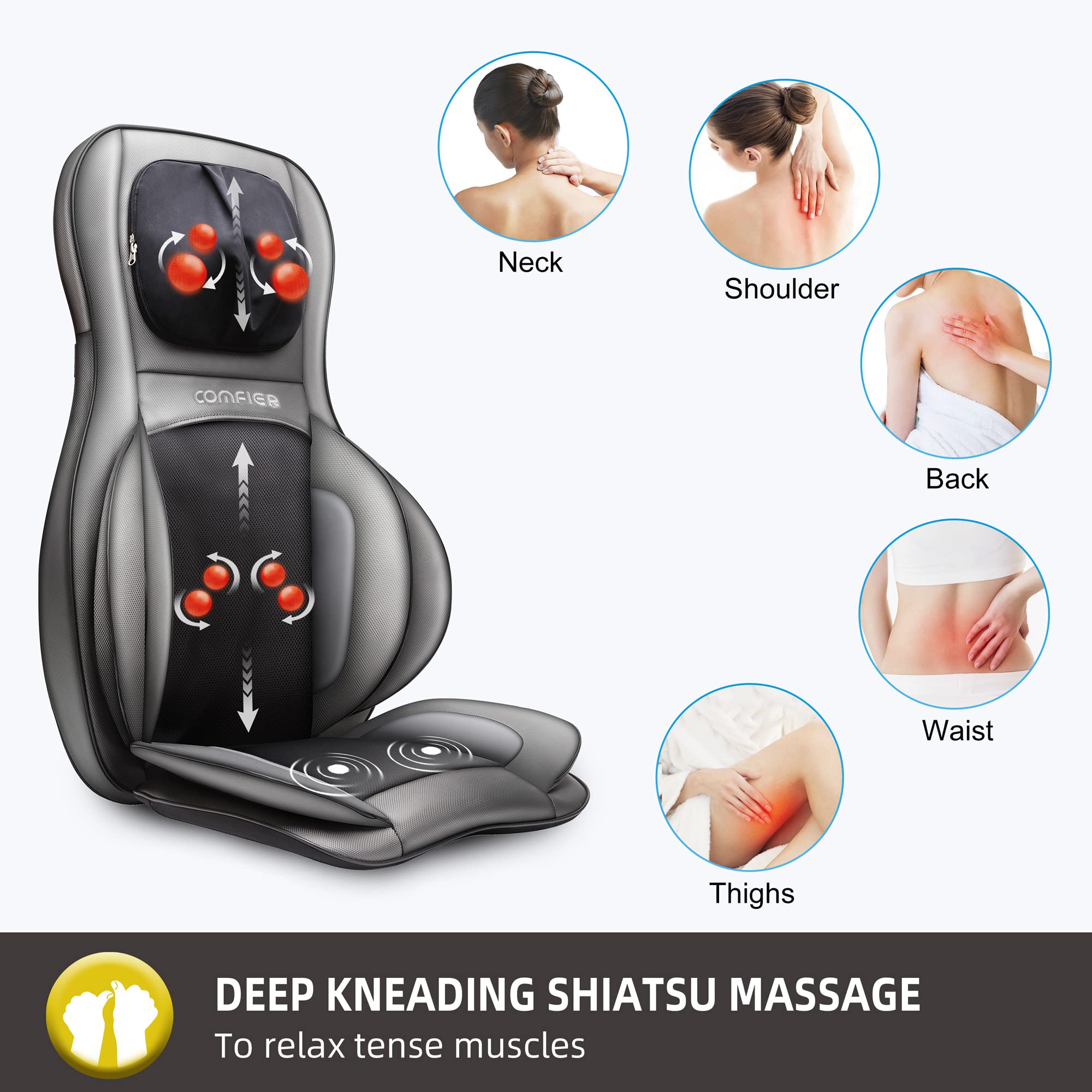 COMFIER Shiatsu Neck & Back Massager with Heat & Compression - 2D/3D Deep Tissue Kneading Massage Chair Pad, App Controlled Full Body Massager for Home/Office - Perfect Gift for Father, Men & Women (Grey) - Relieve Stress, Muscle Pain & Improve Posture While Working or Relaxing