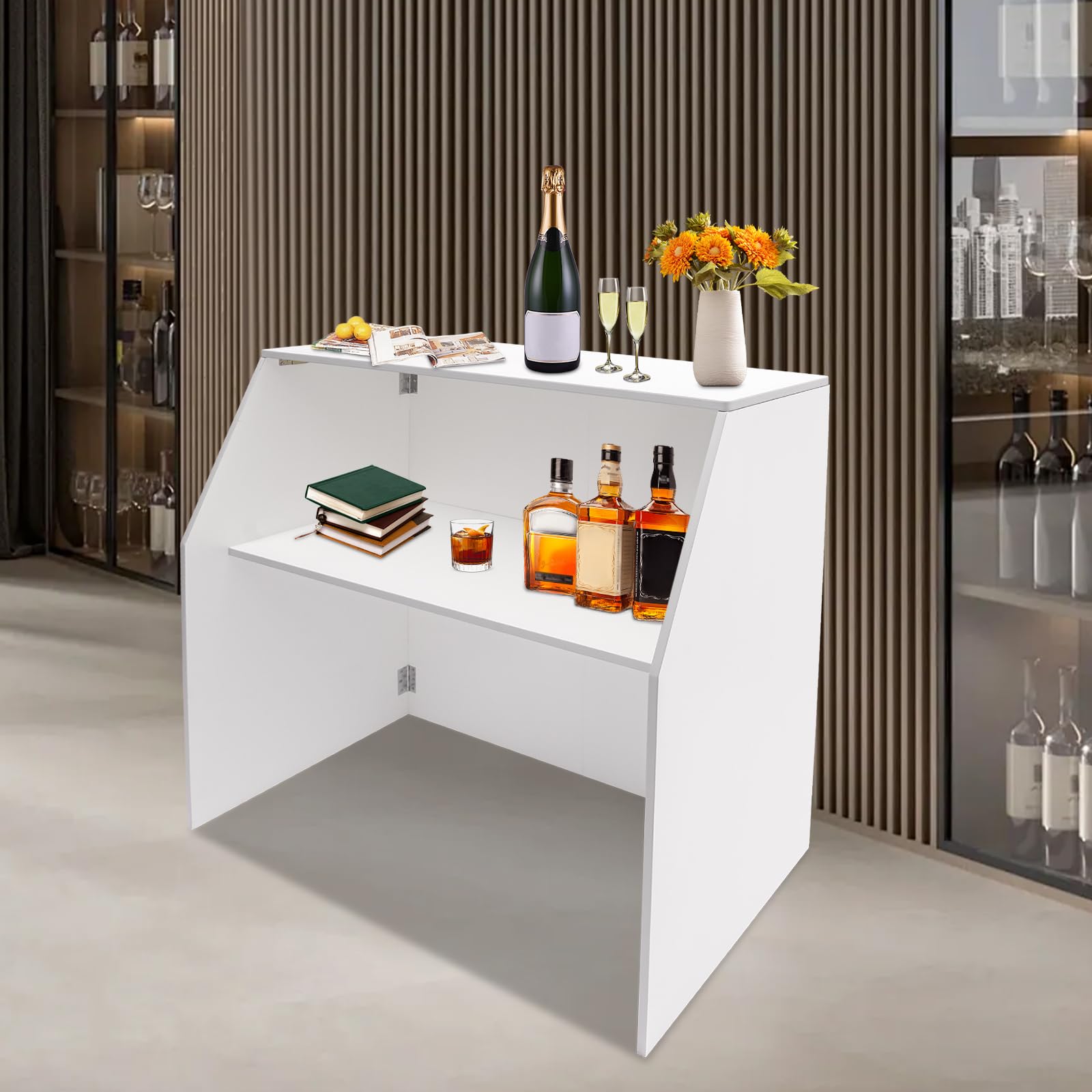 4' Folding Portable Bar with Shelves - White Laminate Bartender Table for Parties, Events & Home Use | Mobile Foldable Bar Cabinet Station for Indoor/Outdoor Gatherings