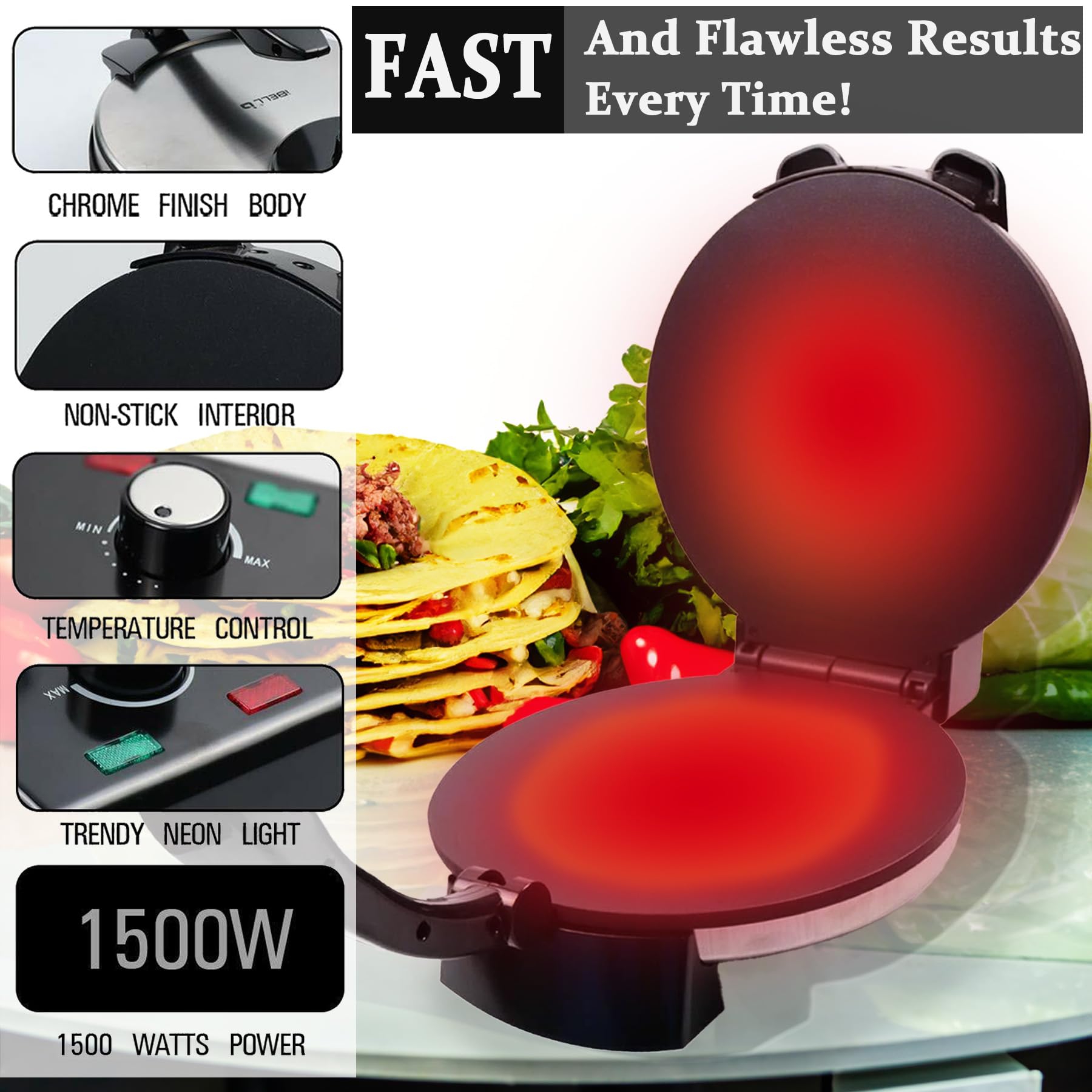 Electric Roti Maker - 10 Inch Non-Stick Automatic Chapati & Tortilla Press with Removable Handle - Perfect for Indian Roti, Mexican Tortillas & Flatbreads at Home