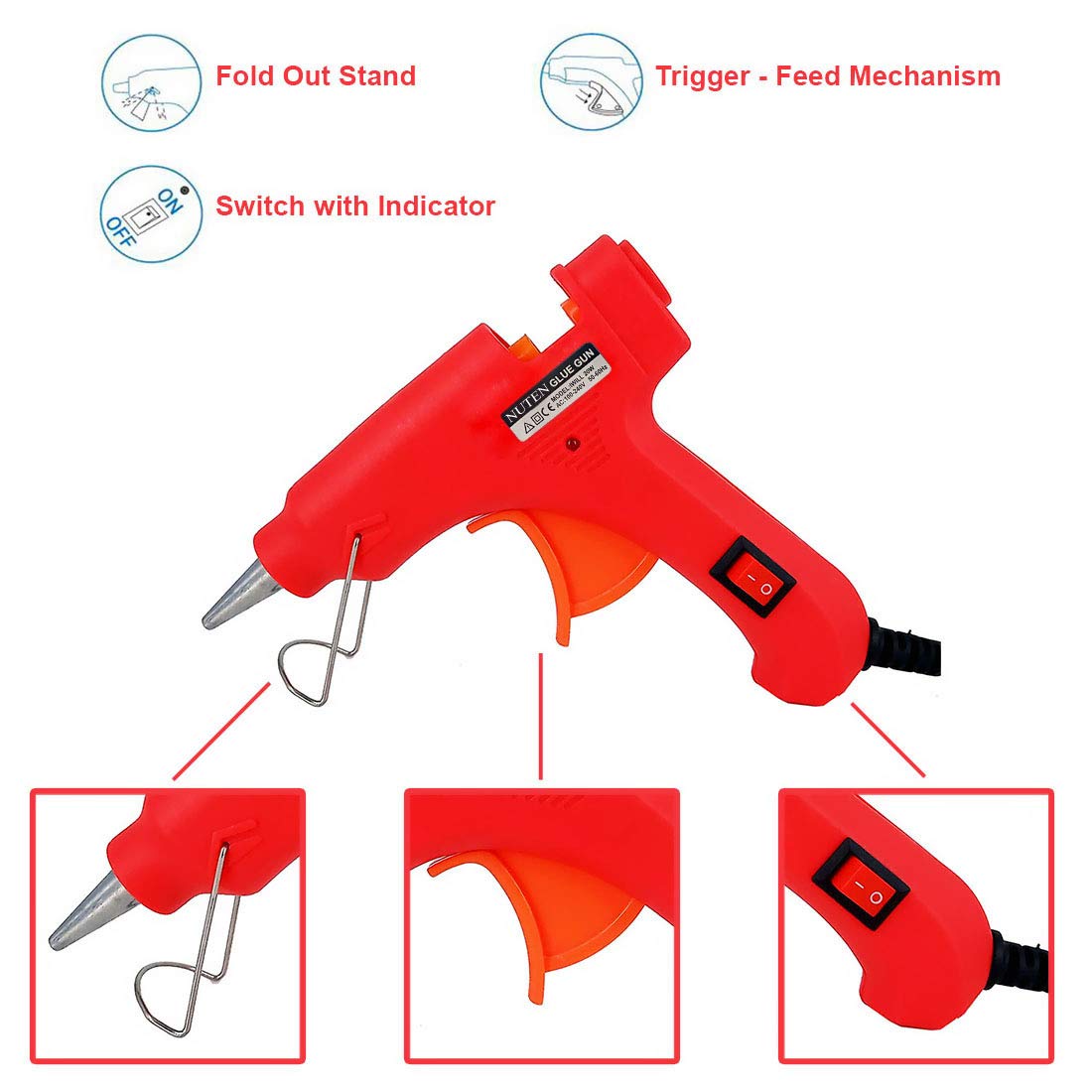 NUTEN 20W 7mm Hot Melt Glue Gun with On/Off Switch & LED Indicator - Includes 5 Free Glue Sticks (Red) - Perfect for DIY Crafts, Home Repairs, and Arts Projects