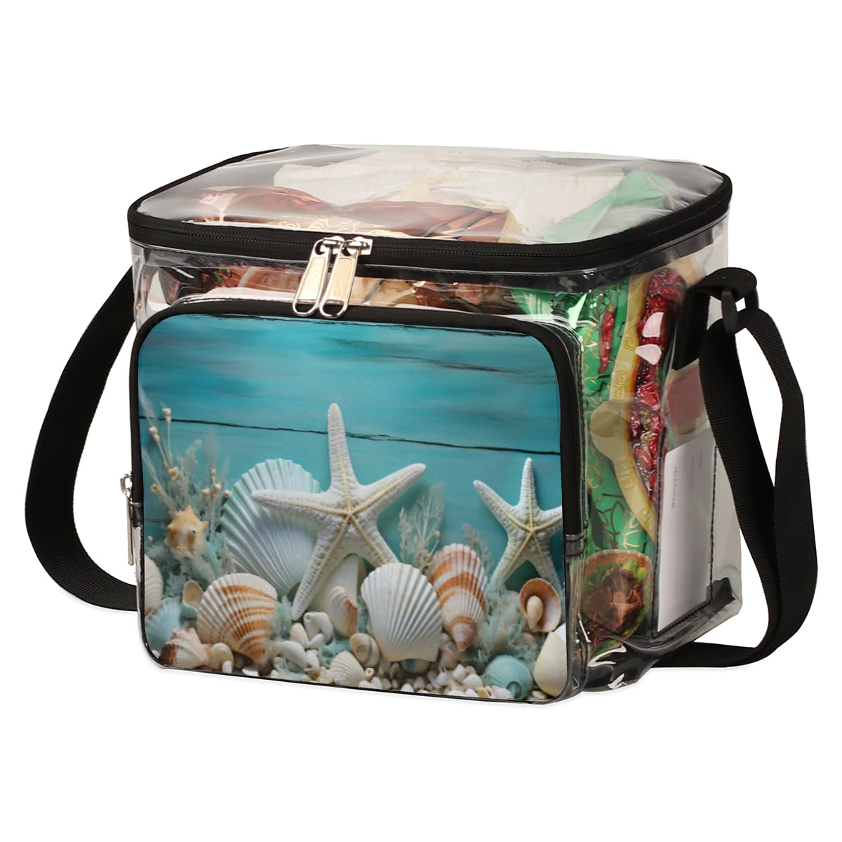 GzLeyigou Blue Wooden Starfish Seashell Transparent Beach Tote Bag with Handles - Clear Crossbody Shoulder Bag for Lunch, Outdoor, Travel, Picnic, Concerts & Sports Events | Perfect for Beach Days, Shopping, Music Festivals and Stadium Outings