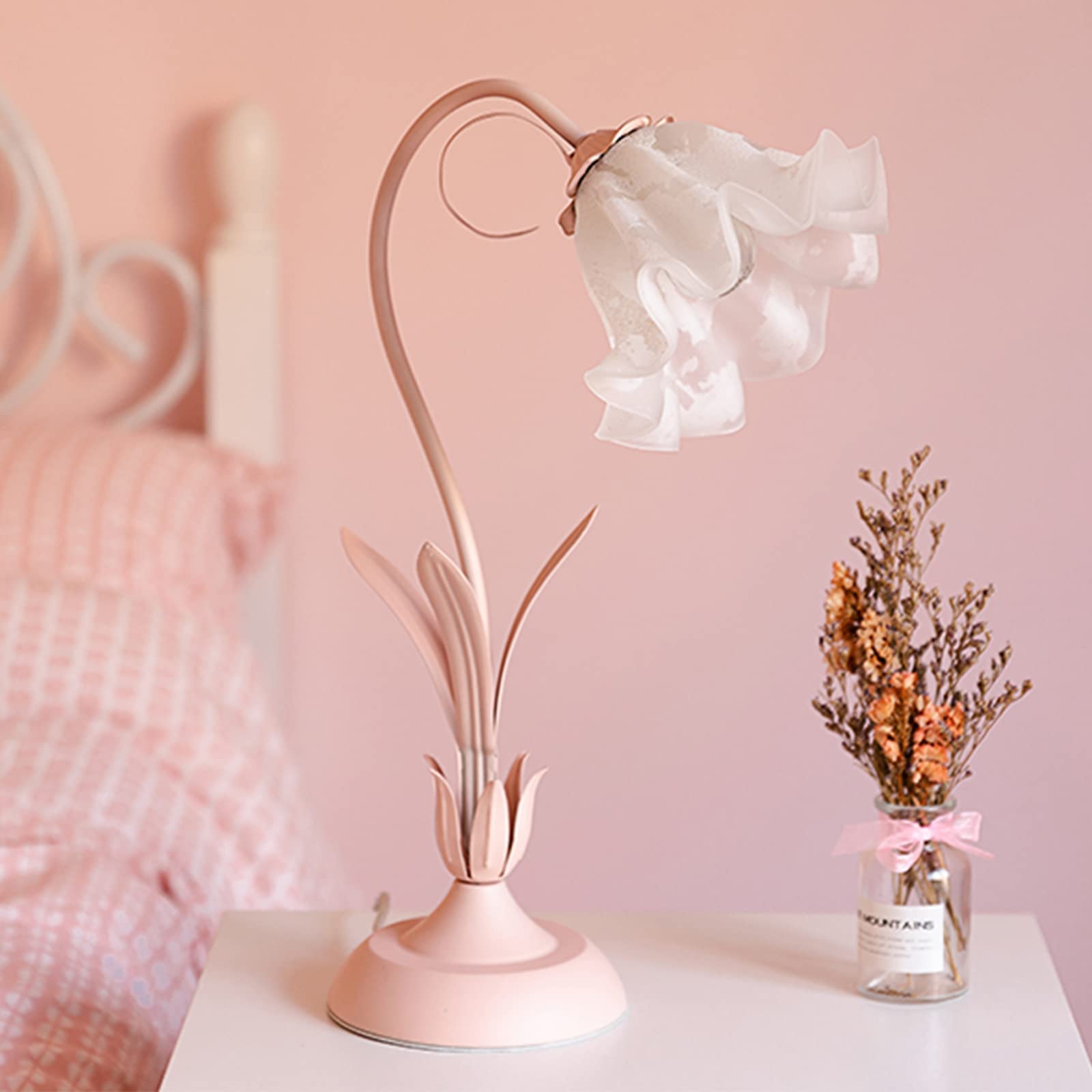 Creative Glass Table Lamp - Modern Simple Style Flower White & Pink Petal Glass Table Lamp with Dimmable LED, Bedside Nightstand Lamp for Bedroom, Living Room, Office Decor