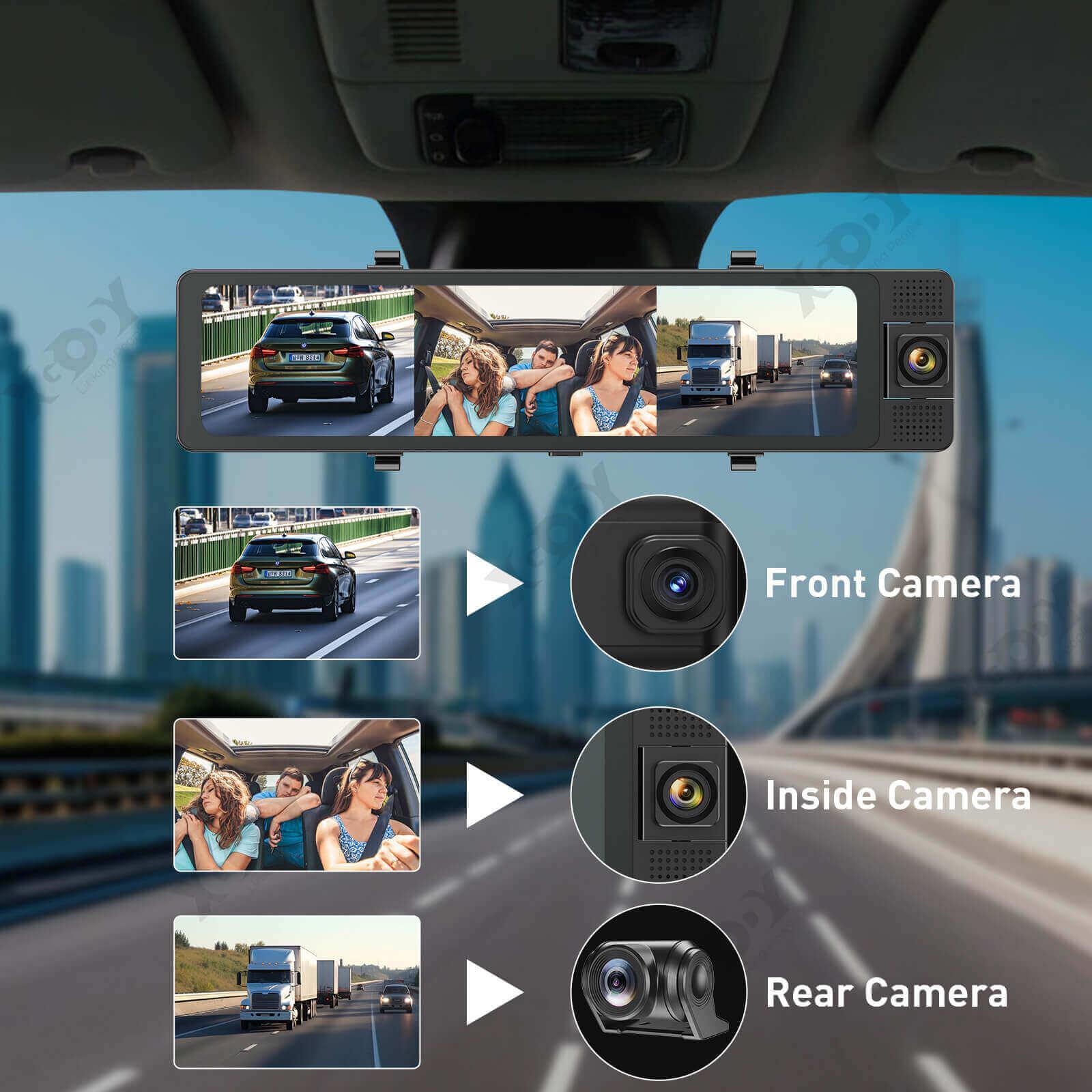 XGODY J406 Triple Channel Dash Cam with 12 Inch Touch Screen - 4K Ultra HD Front and Rear Camera for Cars, Night Vision, G-Sensor, Loop Recording - Perfect for Uber, Taxi, and Daily Commuting