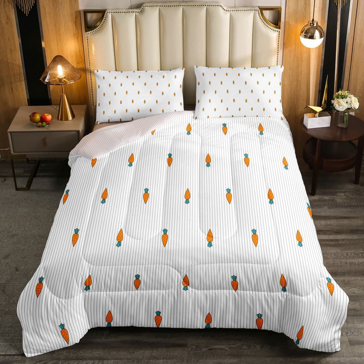 Cute Carrot Themed Kids Bedding Set - Microfiber Duvet Cover with Rabbit & Stripe Design - Twin Size Comforter for Boys & Girls - Perfect for Nursery, Bedroom Decor & Themed Sleepovers