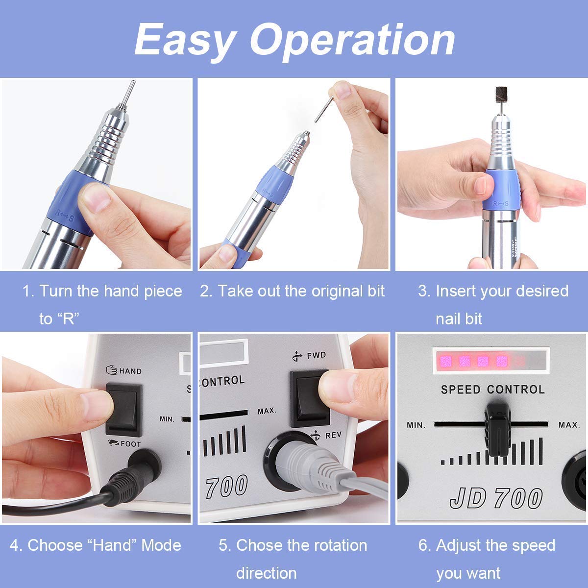 Makartt Professional Electric Nail Drill Machine JD700 with 6 Nail Drill Bits - Fine Efile Bits & Tungsten Carbide Tips for Acrylic, Gel, Dip Powder Nails - Perfect for Home Salon & Professional Nail Technicians