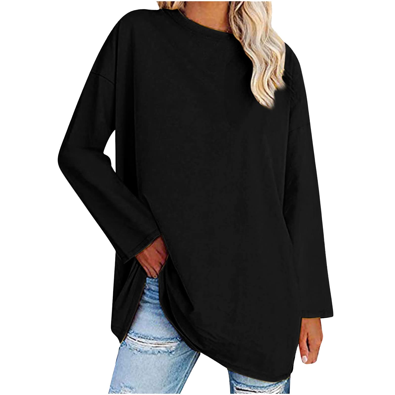 Women's Long Sleeve Tunic Tops - Solid Color Round Neck Loose Fit Pullover Blouse for Fall | Casual Wear, Office Outfits & Everyday Comfort