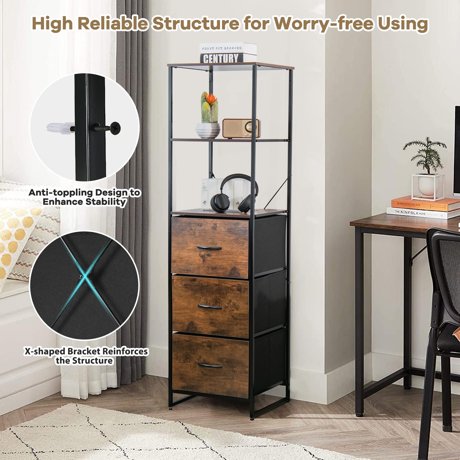 LOKO Tall Floor Storage Cabinet - Industrial Skinny Cabinet with 3 Fabric Drawers, Rustic Narrow Storage Organizer with Adjustable Footpads (17x15x61.5 Inches) - Perfect for Bedroom, Living Room & Office Organization
