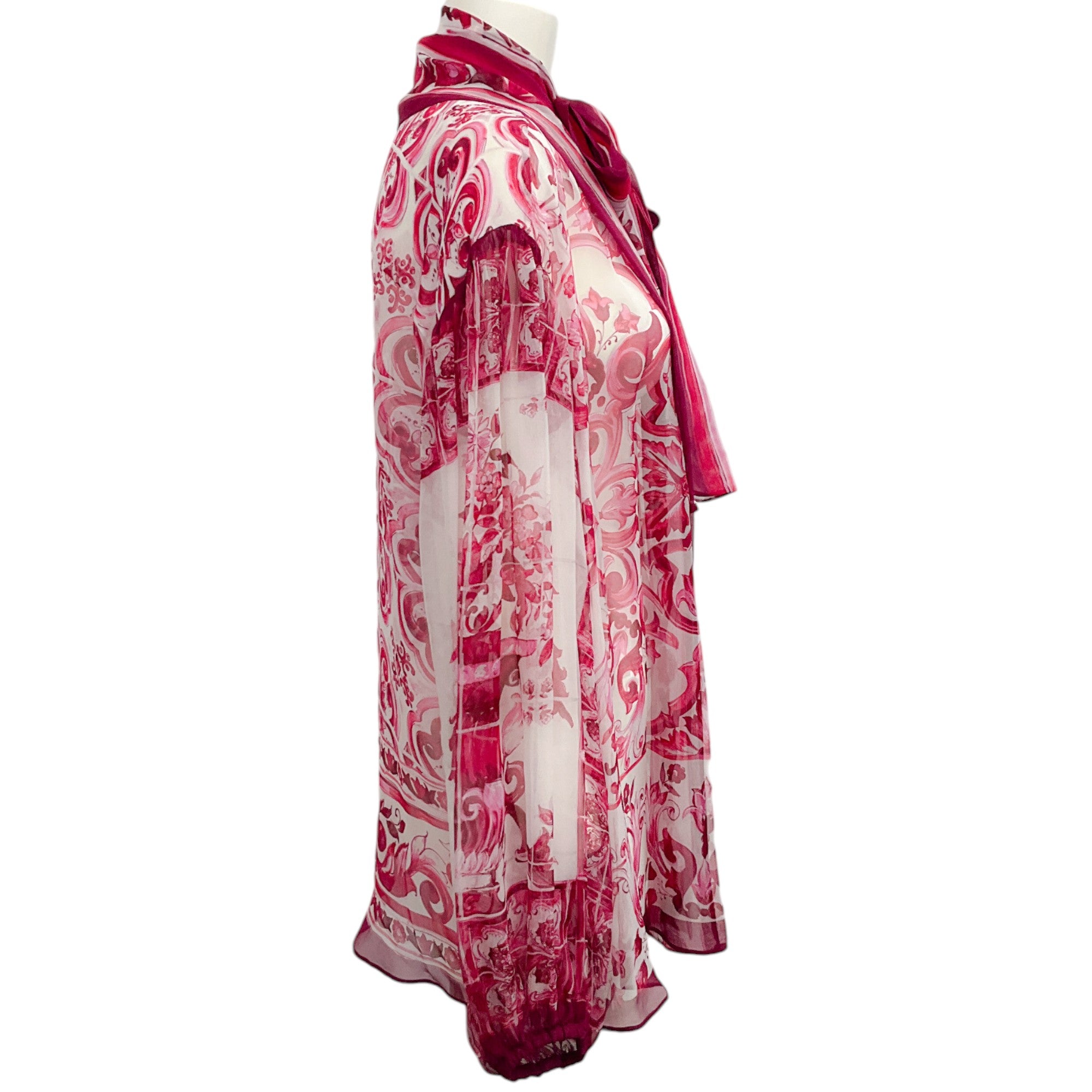 Dolce & Gabbana Women's Pink & White Majolica Print Silk Open Front Blouse Shirt - Elegant Office Wear & Evening Party Outfit