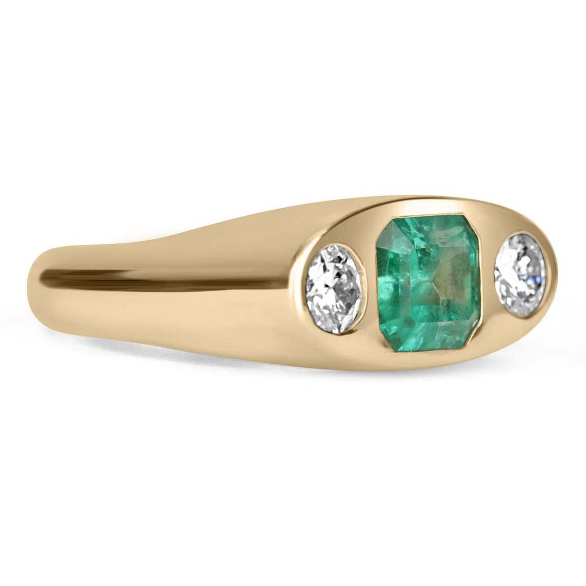 2.70ctw Emerald Cut Diamond & Brilliant Round Three Stone Gypsy Signet Ring in 14K Gold - Elegant Wedding Band, Anniversary Gift, Vintage Jewelry for Women
