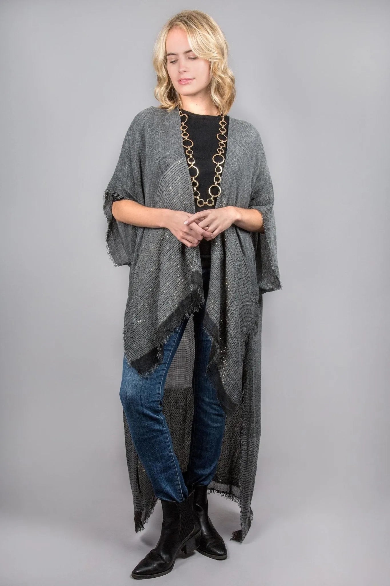 Elegant Fringed Sequin Kimono Robe - Women's Boho Chic Cover Up for Beach, Pool Party & Evening Wear