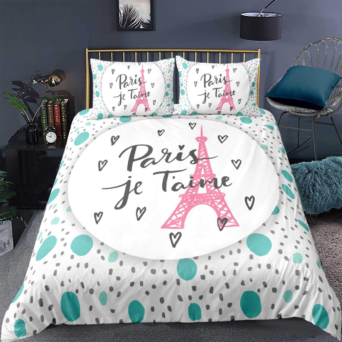 Feelyou Paris Comforter Cover Set King - I Love You Lettering with Modern European Architecture Design, 3-Piece Bedding (1 Duvet Cover + 2 Pillow Shams) for Romantic Bedroom Decor & Couples Gift