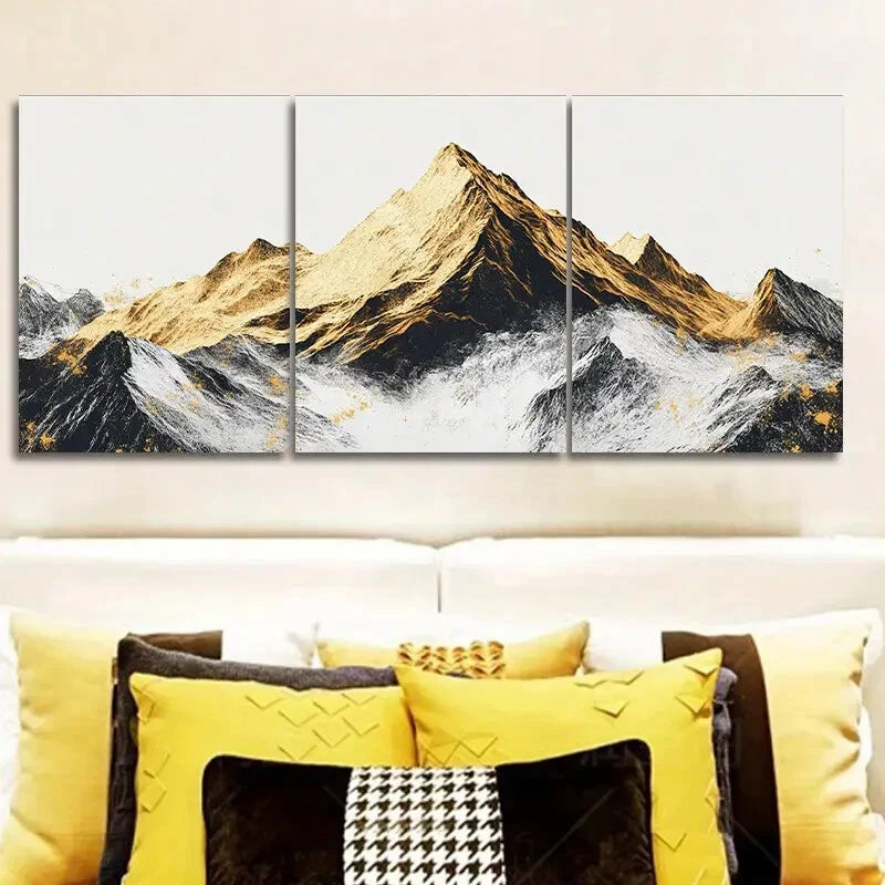 3-Piece Golden and Silver Mountains Metal Wall Art - Ready to Hang Landscape Prints for Living Room, Bedroom & Office Decor