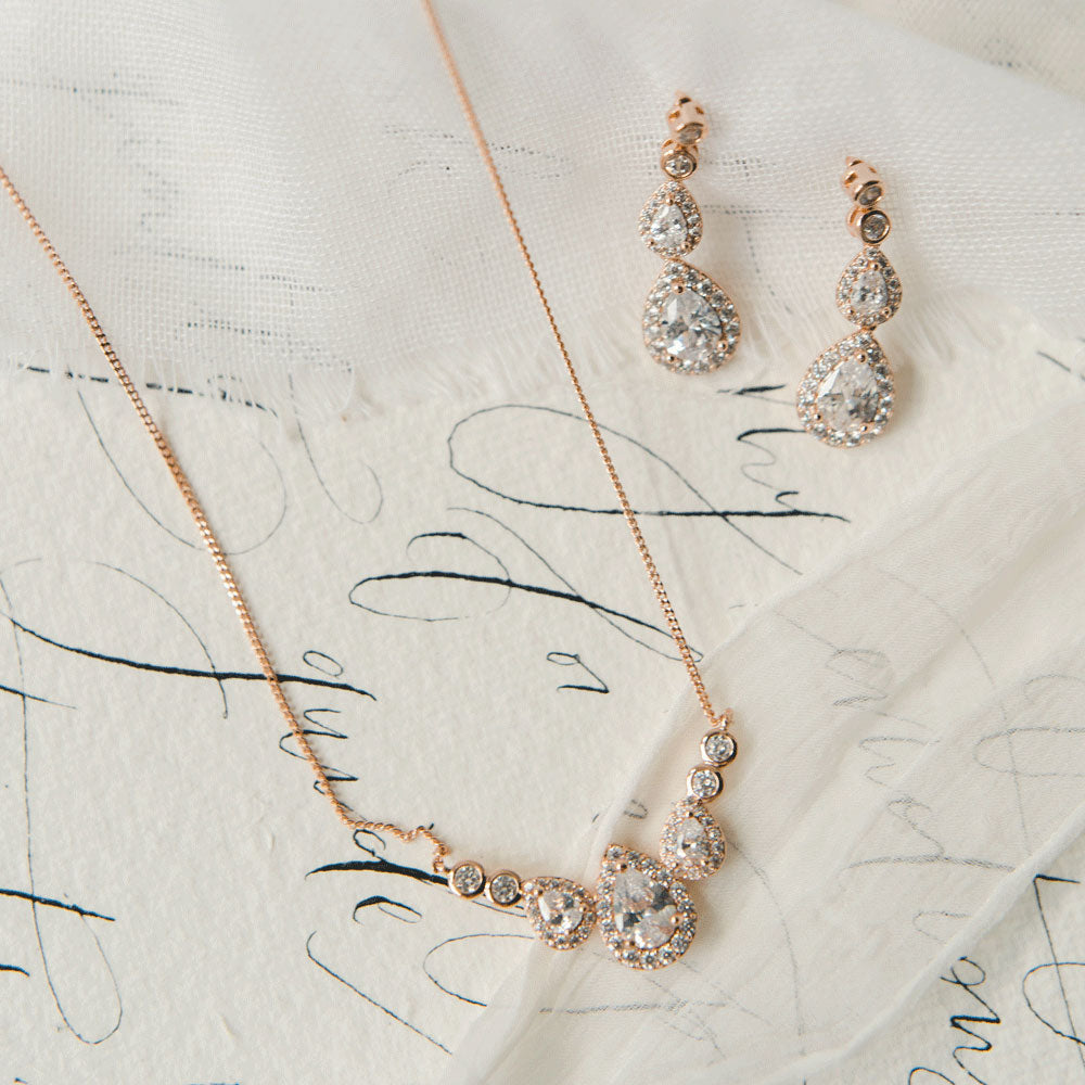Sorbonne Rose Gold Bridal Jewelry Set - Elegant Wedding Necklace, Earrings & Bracelet for Bridesmaids, Bridal Shower & Special Occasions