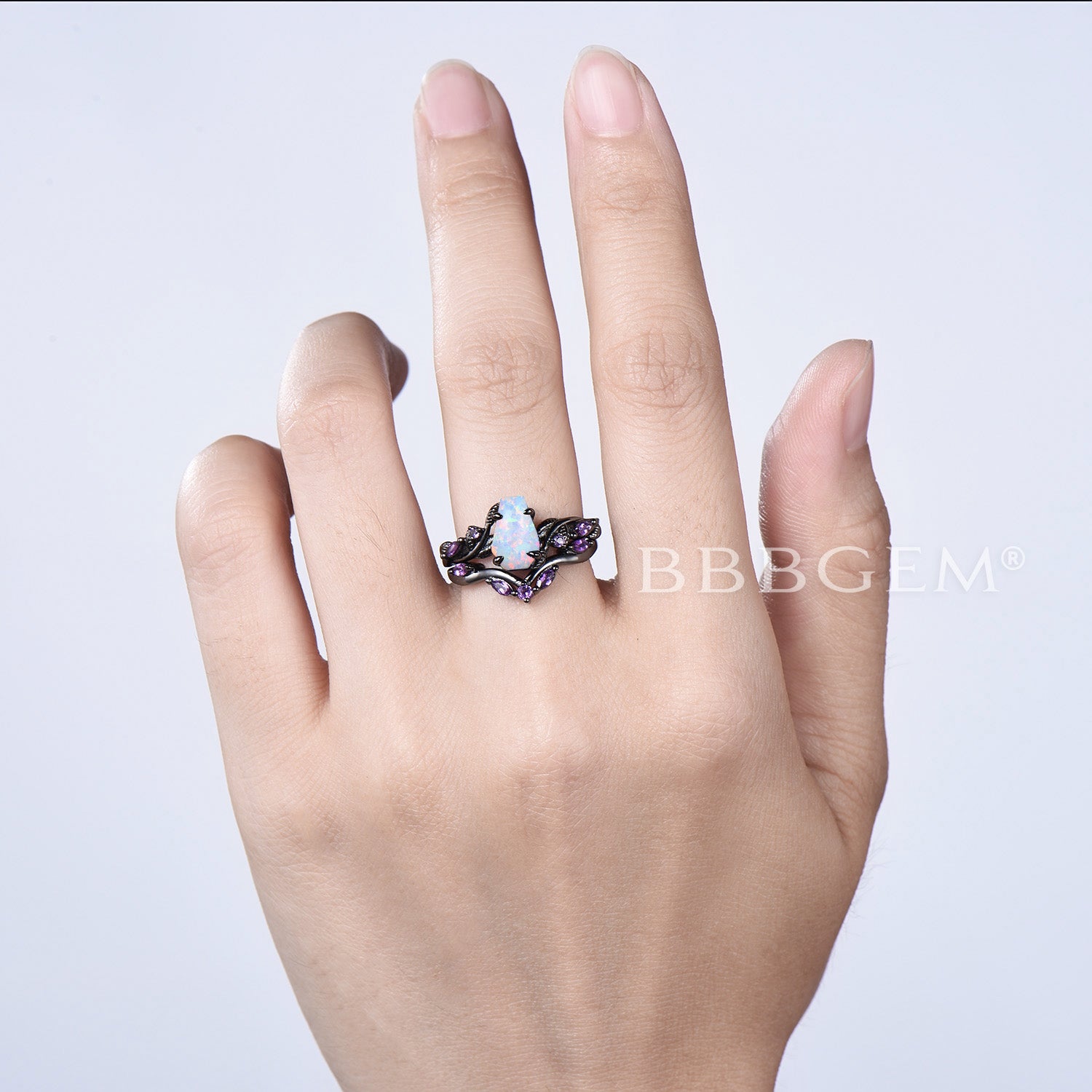 Black Gold Engagement Ring Set with Leaf Branch Design & Coffin Cut White Opal - Perfect for Wedding, Anniversary & Romantic Proposals