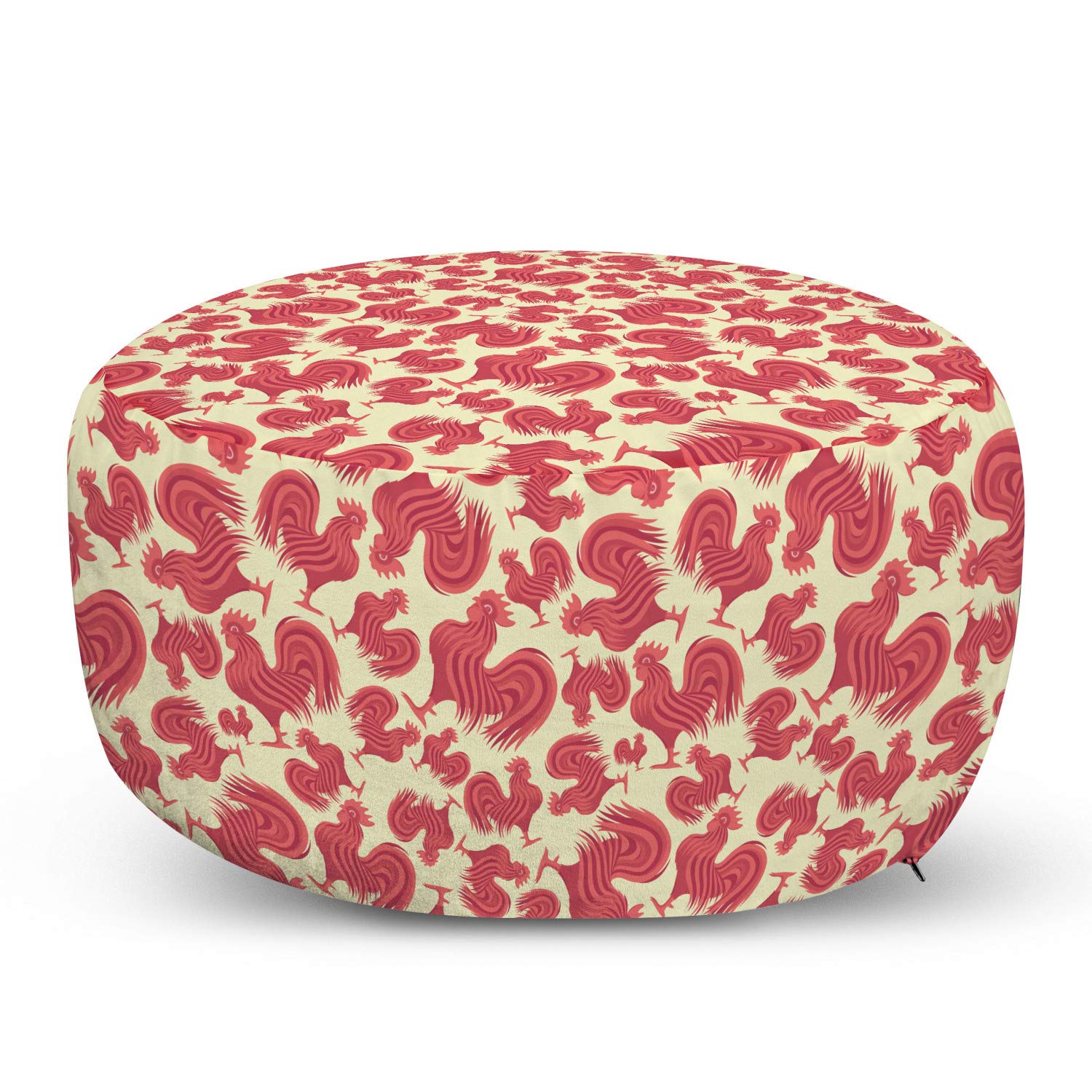 Ambesonne Farm Ottoman Pouf - Abstract Rooster Feather Chicken Design Foot Rest with Removable Cover for Living Room & Bedroom - Cream Coral Home Decor Accent | Perfect for Farmhouse, Boho & Country Style Interiors