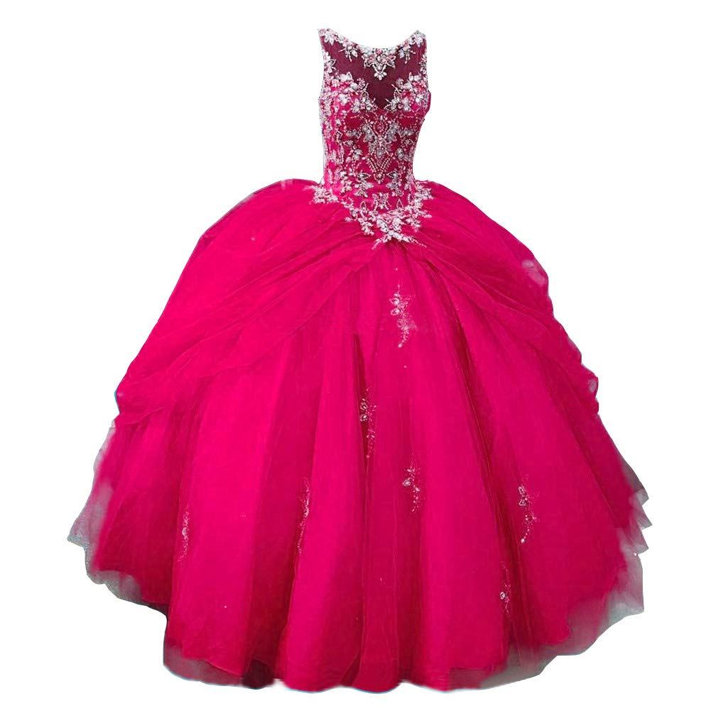 Elegant Crystal Beaded Quinceañera Dresses for Women - Sheer Neckline Tulle Ruffles Ball Gown for Sweet 16 & Special Occasions - Perfect for Quinceañeras, Proms, Weddings & Formal Events