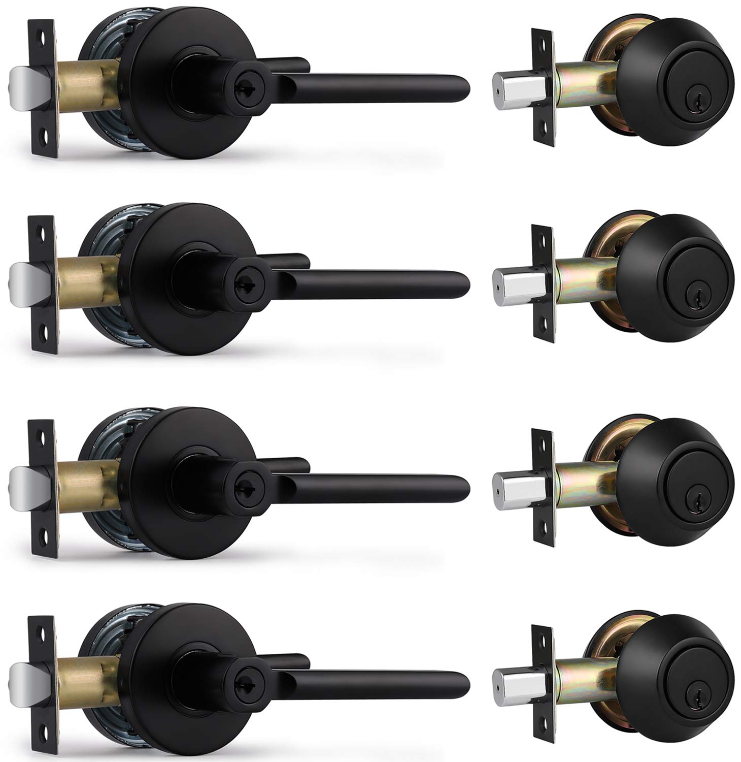 Brotima 4-Pack Keyed Alike Entry Lever Door Handle & Deadbolt Lock Set - Heavy Duty Iron Black Finish for Front Door, Office & Home Security | Easy Installation & Durable Design