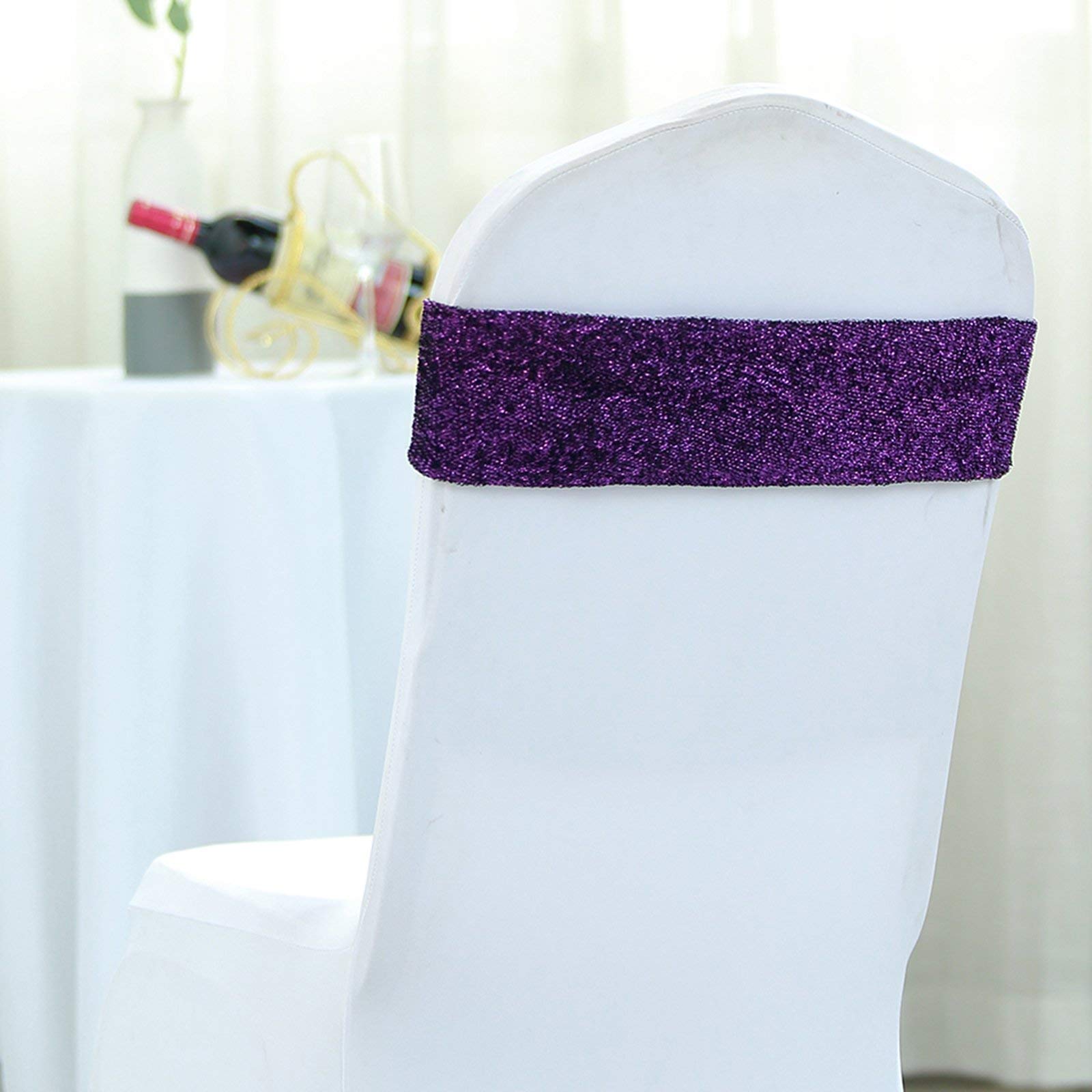 10 Pack Purple Metallic Spandex Chair Sashes & Bows - Elegant Wedding, Party, Banquet Decorations - Perfect for Chair Backs, Table Settings & Venue Decor - Ideal for Bridal Showers, Baby Showers & Anniversary Celebrations - Great for Home Decor, Birthday Parties and Special Events