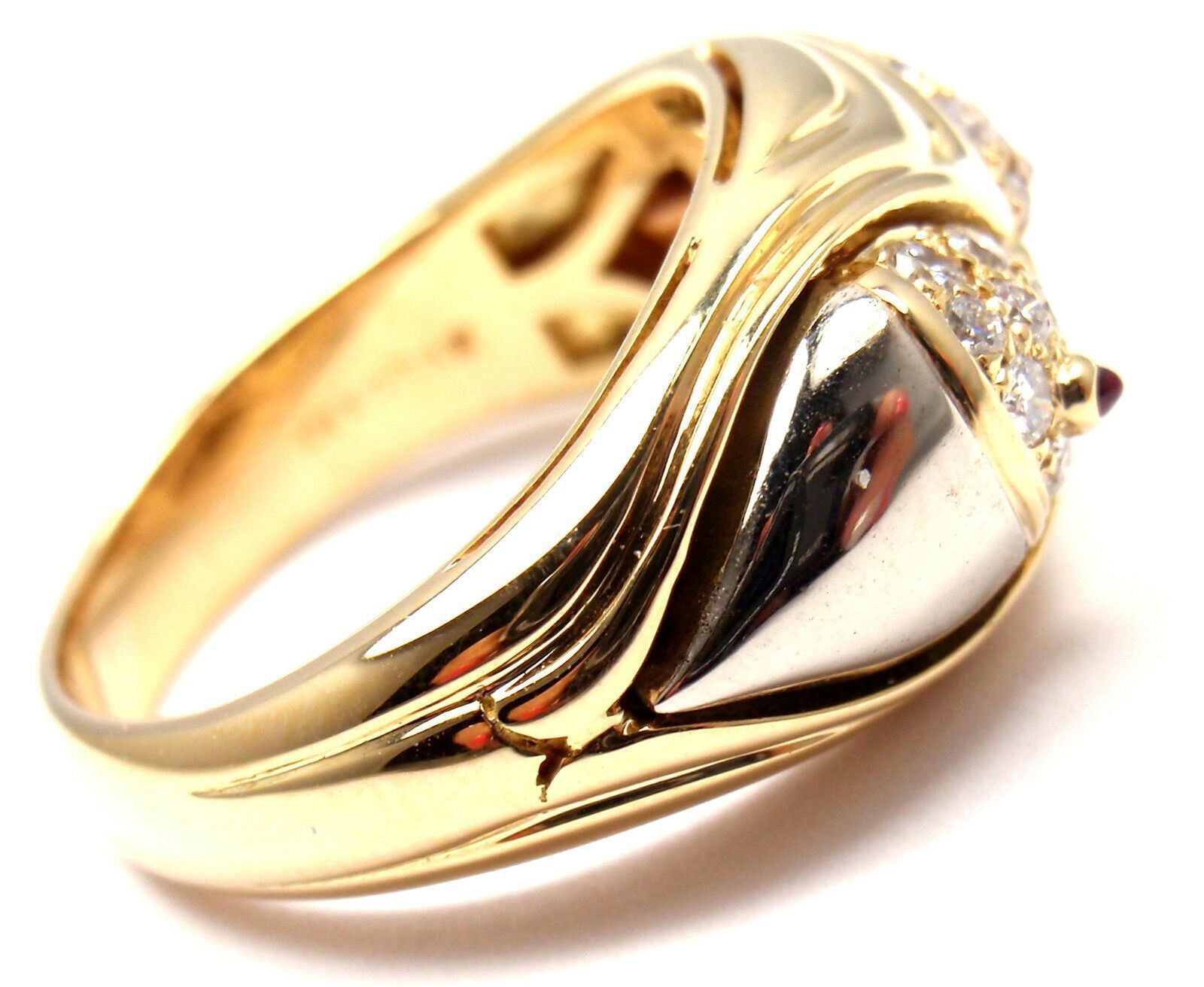 Authentic Bulgari Bvlgari 18k Yellow Gold Diamond Ruby Naturalia Fish Band Ring for Women - Luxury Statement Jewelry for Parties, Weddings & Special Occasions
